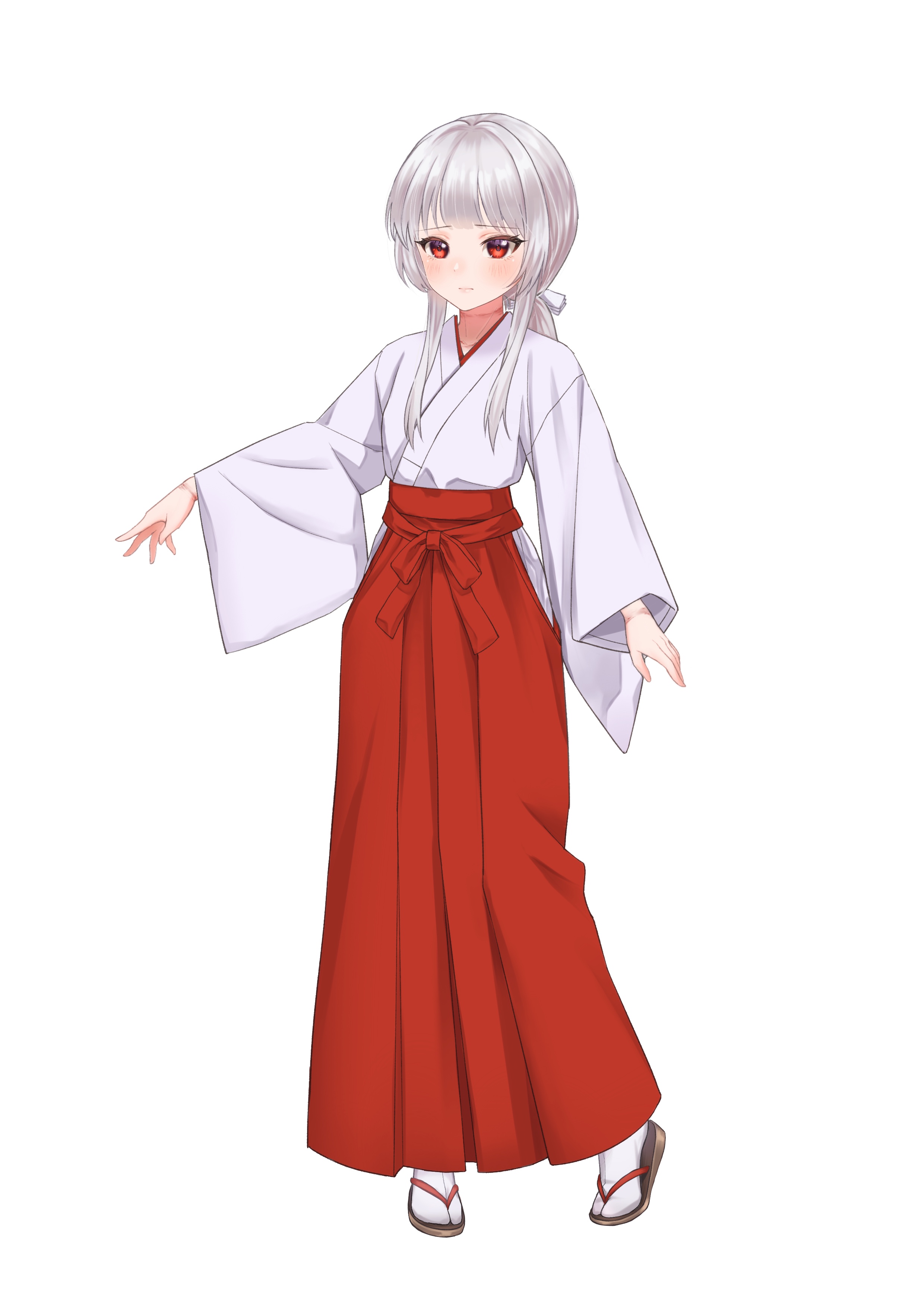 leno^a^, original, absurdres, commentary request, highres, 1girl, animal print, bird print, closed mouth, full body, grey hair, hakama, hakama skirt, japanese clothes, kimono, long hair, looking at viewer, miko, pigeon-toed, ponytail, print kimono, red eyes, red hakama, red skirt, sandals, see-through clothes, skirt, solo, tabi, white background, wide sleeves, zouri