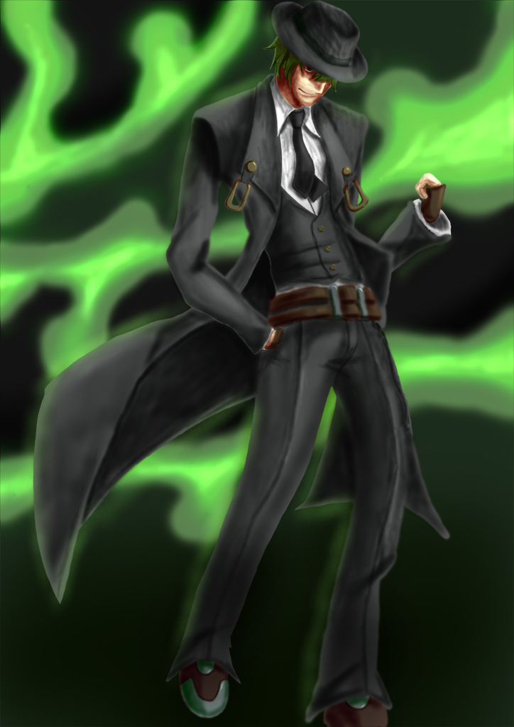 hazama, arc system works, blazblue, belt, coat, fedora, fingerless gloves, gloves, green hair, hat, male focus, solo, trench coat