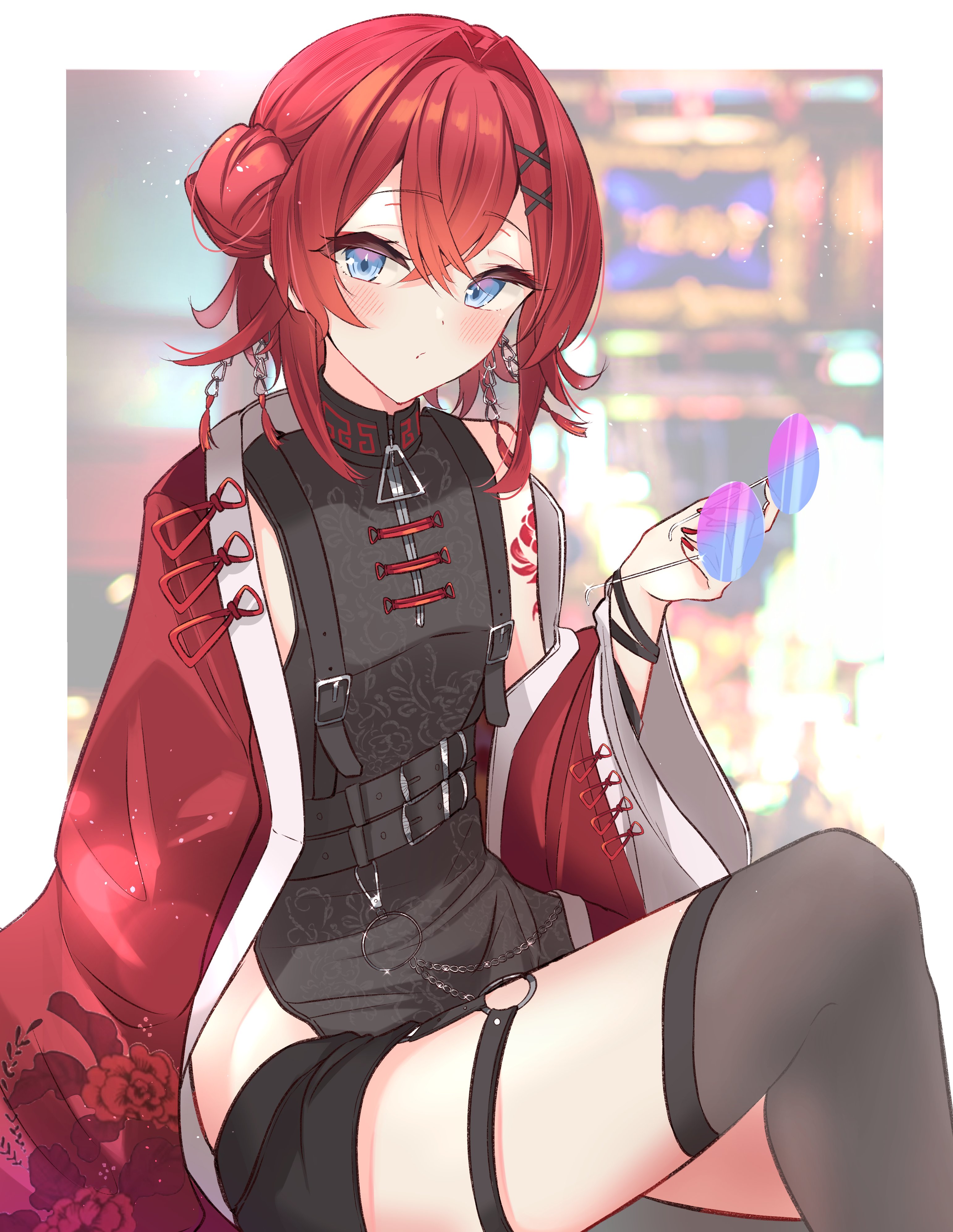 nishiki yuno, ange katrina, nijisanji, absurdres, commentary request, highres, 1girl, ange katrina (china dress), belt, black ribbon, black shorts, blue-tinted eyewear, blue eyes, blurry, blurry background, blush, border, breasts, chain, china dress, chinese clothes, crossed bangs, double-parted bangs, dress, feet out of frame, floral print jacket, gradient-tinted eyewear, grey belt, grey dress, grey thighhighs, hair between eyes, hair bun, hair intakes, hair ornament, hand up, holding, holding removed eyewear, jacket, long sleeves, looking at viewer, multiple belts, nail polish, o-ring, o-ring thigh strap, open clothes, open jacket, outside border, pankou, purple-tinted eyewear, red hair, red jacket, red nails, ribbon, round eyewear, short dress, shorts, shoulder tattoo, side slit, single off shoulder, sleeveless, sleeveless dress, small breasts, solo, tassel, tassel hair ornament, tattoo, thigh strap, thighhighs, tinted eyewear, unworn eyewear, virtual youtuber, white border, wrist ribbon, x hair ornament