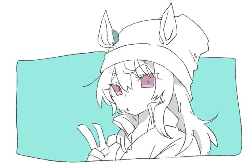 beer hsk, nakayama festa (umamusume), umamusume, 1girl, animal ears, beanie, blue background, closed mouth, ears through headwear, hair between eyes, hand up, hat, horse ears, jacket, long hair, looking at viewer, mouth hold, open clothes, open jacket, purple eyes, solo, track jacket, two-tone background, upper body, v