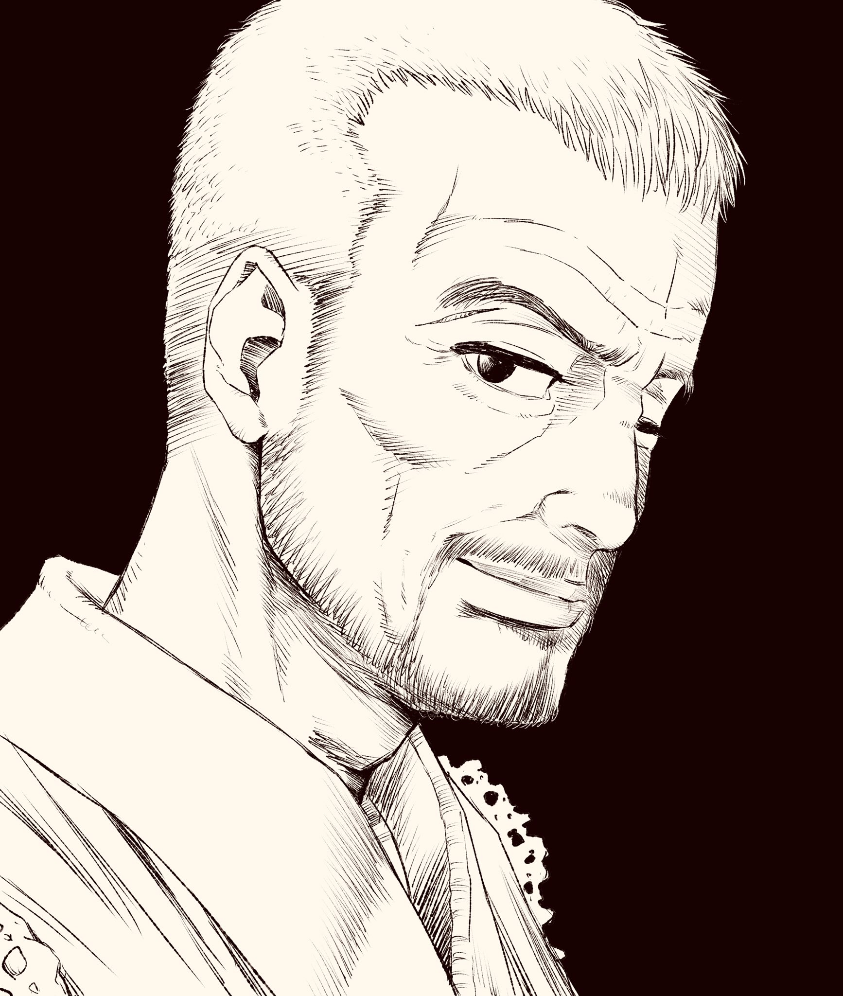 lee (dragon garou), original, commentary request, highres, 1boy, cheekbones, facial hair, goatee, greyscale, hatching (texture), lips, male focus, mature female, monochrome, one eye closed, portrait, profile, smile, solo