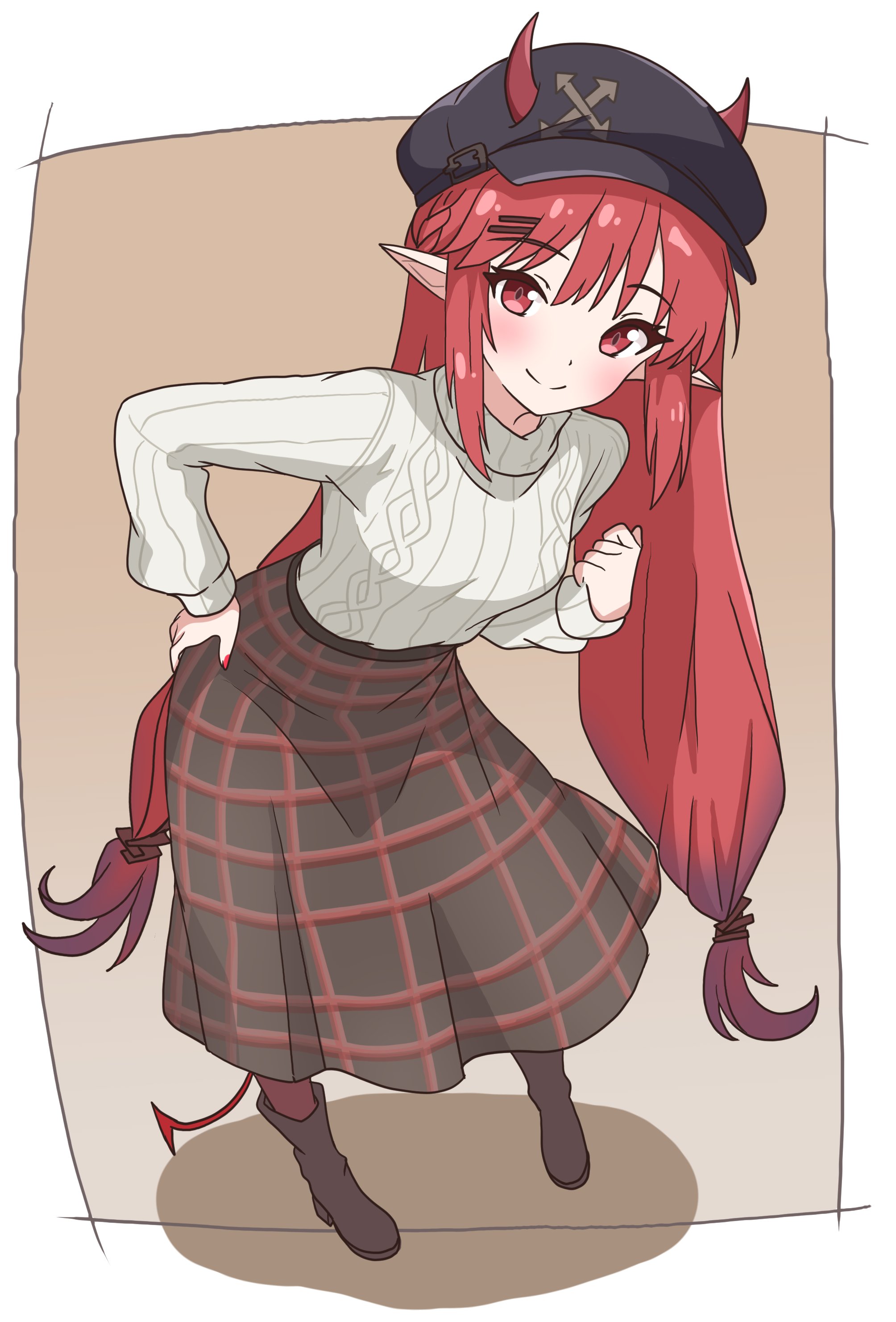 eggplant7217, vigna (arknights), arknights, absurdres, commentary request, highres, 1girl, alternate costume, arched back, black boots, black hat, black skirt, boots, cable knit, closed mouth, fingernails, full body, grey sweater, hair ornament, hand on own hip, hand up, hat, horns, horns through headwear, leaning forward, long hair, long skirt, long sleeves, looking at viewer, nail polish, necktie, newsboy cap, plaid clothes, plaid skirt, pointy ears, puffy sleeves, red eyes, red hair, red horns, red necktie, skirt, sleeve cuffs, smile, solo, sweater, turtleneck, turtleneck sweater, very long hair