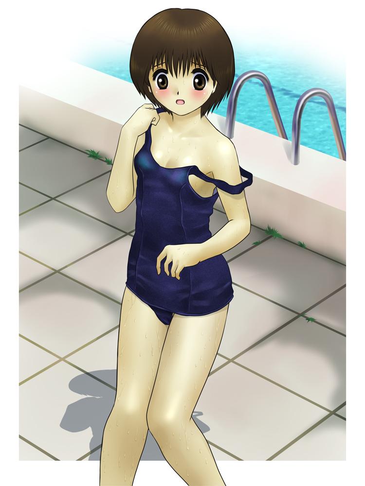 aoc cannon, original, framed, 1girl, blush, brown eyes, brown hair, female focus, one-piece swimsuit, outside border, pool, pool ladder, poolside, school swimsuit, shadow, short hair, solo, strap slip, swimsuit, wet