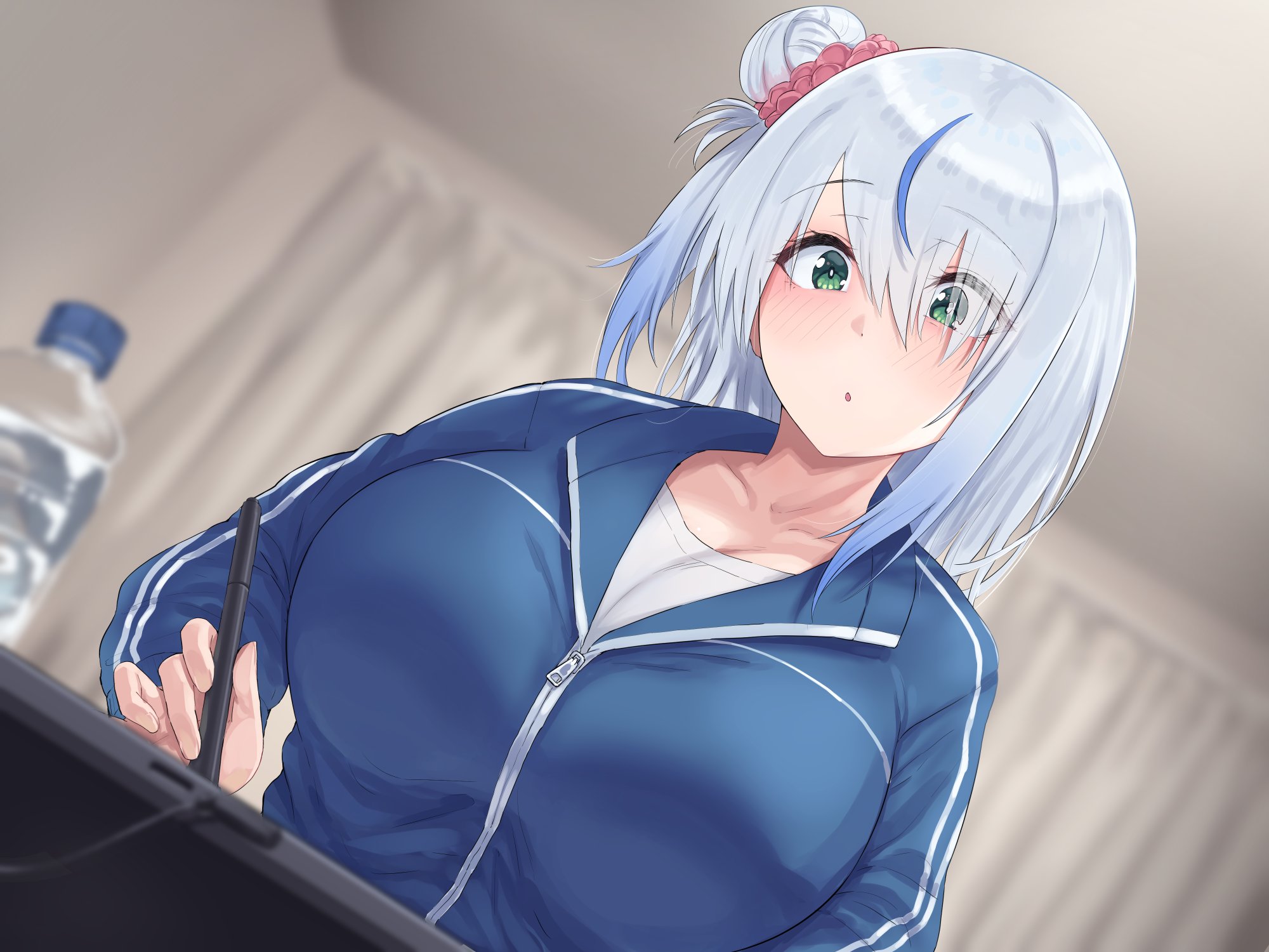 natsuishi nana, original, commentary request, highres, 1girl, :o, blue hair, blue jacket, blush, bottle, breasts, cleavage, collarbone, curtains, drawing tablet, gradient hair, green eyes, hair bun, hair ornament, hair scrunchie, holding, holding stylus, indoors, jacket, large breasts, long hair, long sleeves, looking at viewer, multicolored hair, open mouth, scrunchie, shirt, streaked hair, stylus, track jacket, two-tone hair, upper body, water bottle, white shirt
