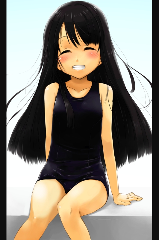toichi, original, bad id, bad pixiv id, 1girl, black hair, black one-piece swimsuit, blush, child, closed eyes, female focus, flat chest, grin, long hair, one-piece swimsuit, pillarboxed, school swimsuit, sitting, smile, solo, swimsuit