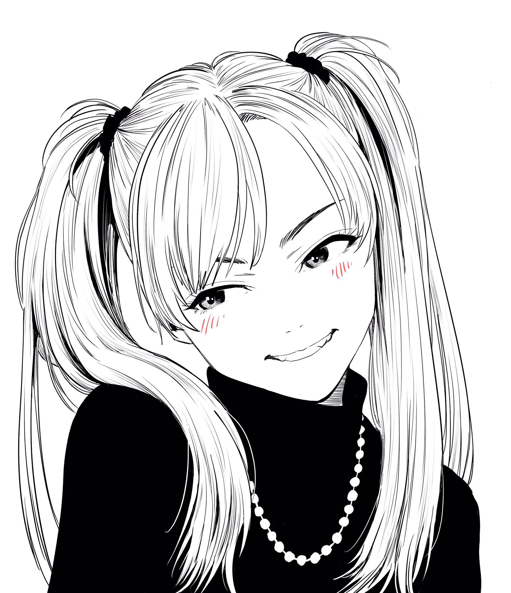 lee (dragon garou), original, commentary request, highres, 1girl, bead necklace, beads, greyscale, grin, hair tie, hatching (texture), head tilt, jewelry, light blush, long hair, monochrome, necklace, portrait, smile, solo, spot color, turtleneck, twintails