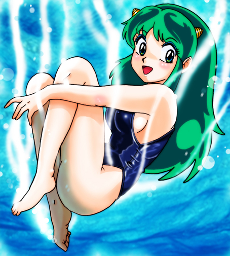 lum, urusei yatsura, tagme, blush, green hair, horns, long hair, oni, swimsuit, underwater