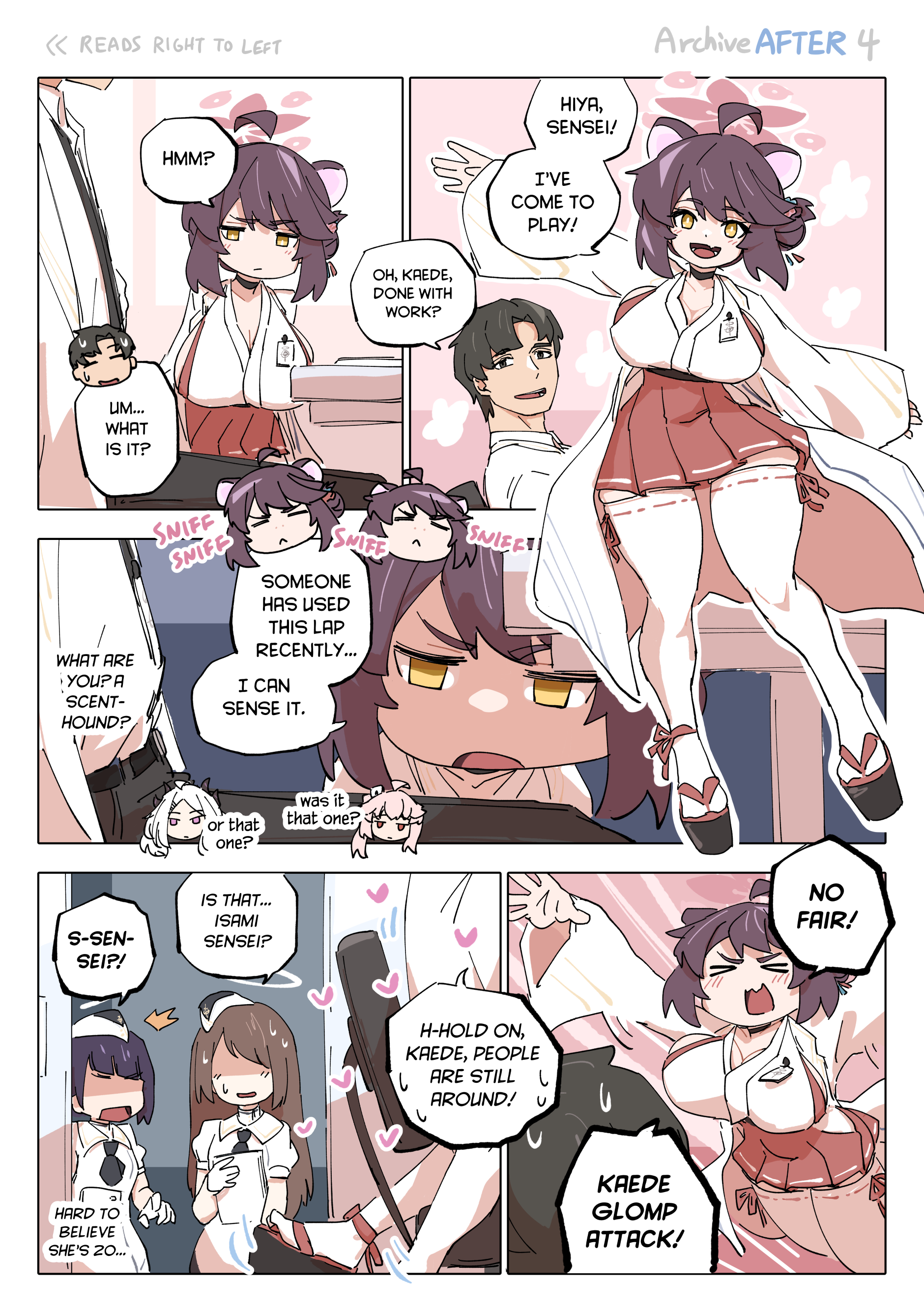 mabufuyo, kaede (blue archive), sensei (blue archive), blue archive, 1boy, 3girls, aged up, ahoge, animal ears, black choker, breasts, brown hair, chair, chibi, chibi inset, choker, cleavage, collared shirt, comic, desk, english text, fang, hair between eyes, hakama, hakama skirt, halo, heart, height difference, huge breasts, japanese clothes, kimono, looking at another, multiple girls, nontraditional miko, okobo, open mouth, pink halo, platform sandals, purple hair, sandals, shaded face, shirt, shortack, side bun, sidelocks, sitting, sitting on lap, sitting on person, skirt, smelling, smelling clothes, smile, speech bubble, thick thighs, thighhighs, thighs, white halo, white kimono, white shirt, white thighhighs, wide hips, wide sleeves