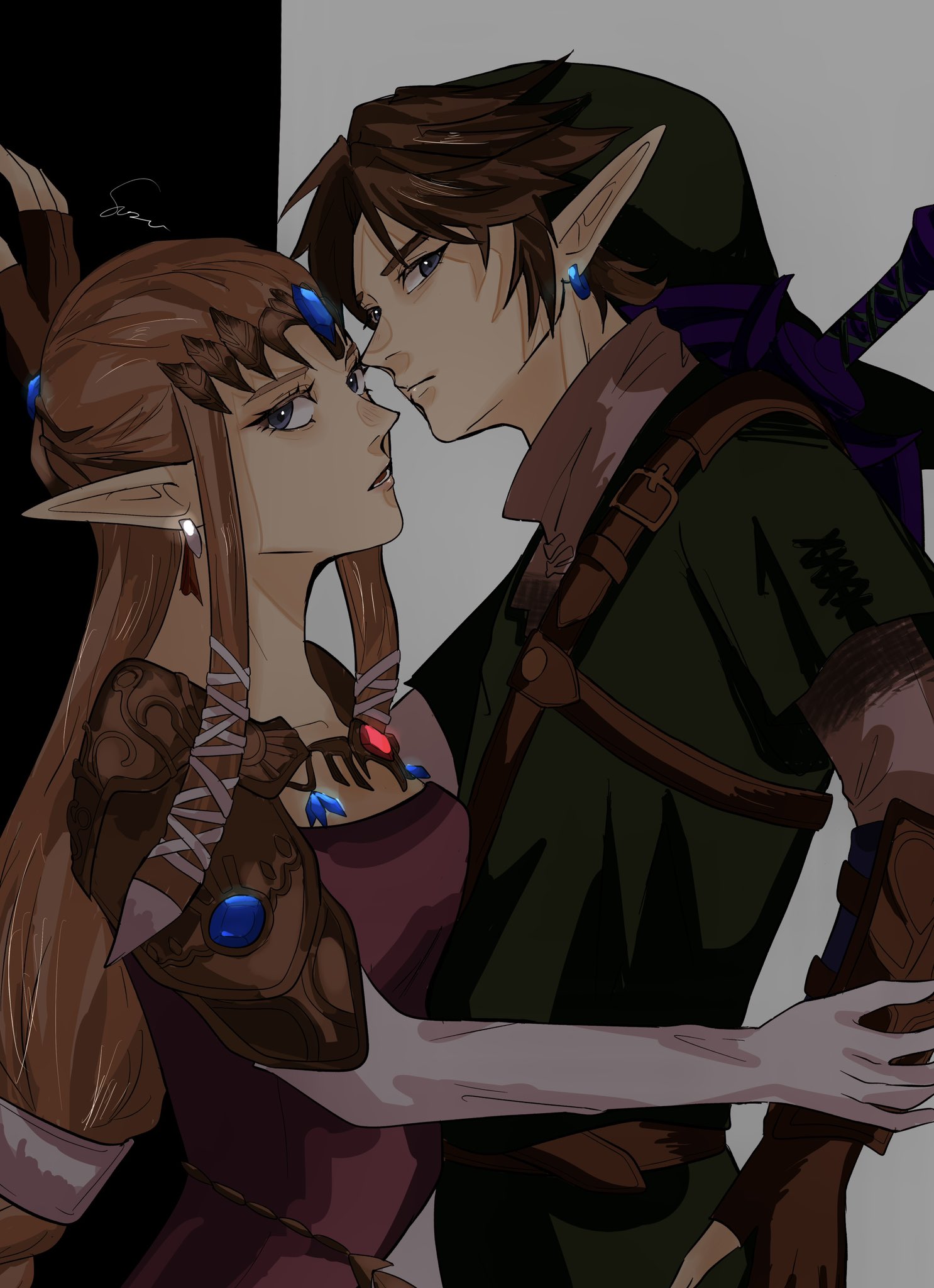 suzu (suzulin), link, princess zelda, nintendo, the legend of zelda, the legend of zelda: twilight princess, hashtag-only commentary, highres, 1boy, 1girl, armor, blonde hair, breasts, brown gloves, brown hair, chest jewel, closed mouth, dress, earrings, fingerless gloves, gloves, green hat, green tunic, grey eyes, hair ribbon, hat, hetero, jewelry, medium breasts, parted lips, phrygian cap, pink dress, pointy ears, ribbon, short hair, shoulder armor, sidelocks, signature, sword, sword on back, tiara, tunic, upper body, vambraces, weapon, weapon on back, white gloves