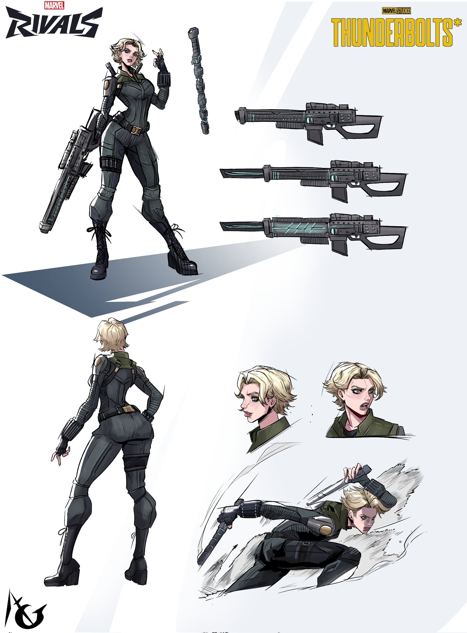 yelena belova, marvel, marvel rivals, thunderbolts (movie), commentary, english commentary, highres, 1girl, angrey 21, belt, black belt, black bodysuit, blonde hair, bodysuit, gun, short hair, solo, striped bodysuit, superhero costume, weapon