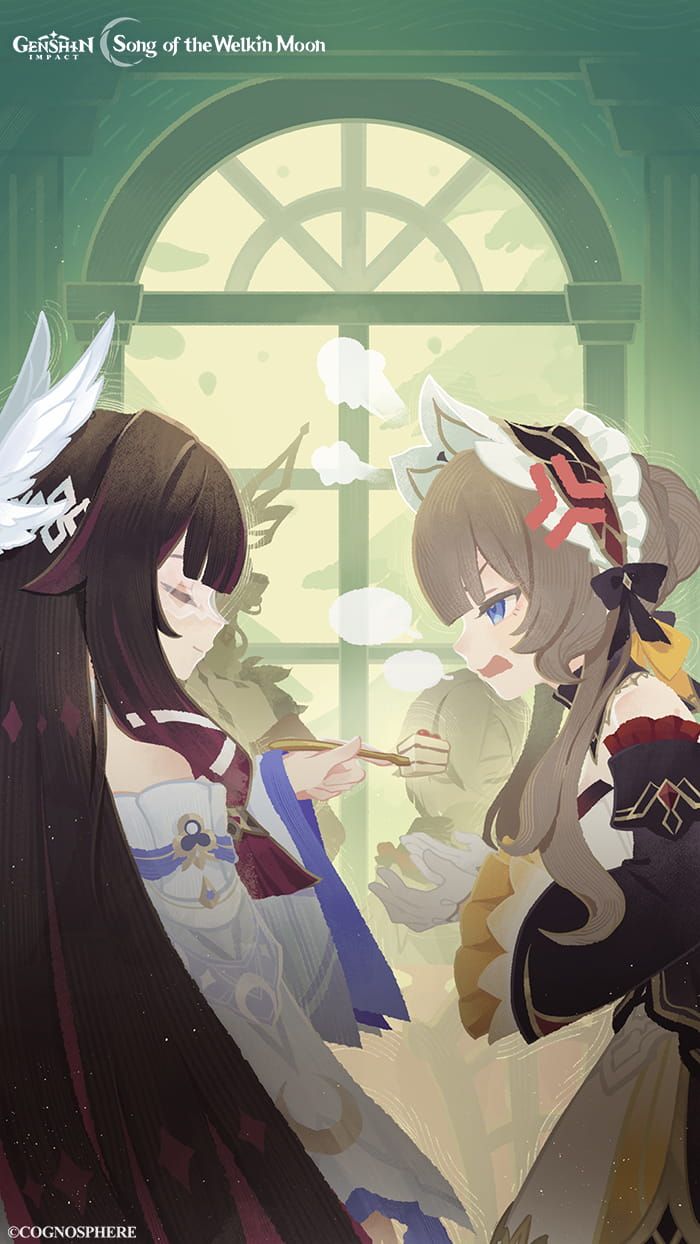 arlecchino (genshin impact), columbina (genshin impact), sandrone (genshin impact), signora (genshin impact), genshin impact, commentary, english commentary, highres, official art, 4girls, anger vein, bare shoulders, black dress, black hair, blue eyes, brown hair, cake, closed eyes, closed mouth, detached sleeves, dress, facing another, food, gloves, indoors, long hair, long sleeves, looking at viewer, multiple girls, open mouth, purple hair, smile, white dress, white gloves, wide sleeves