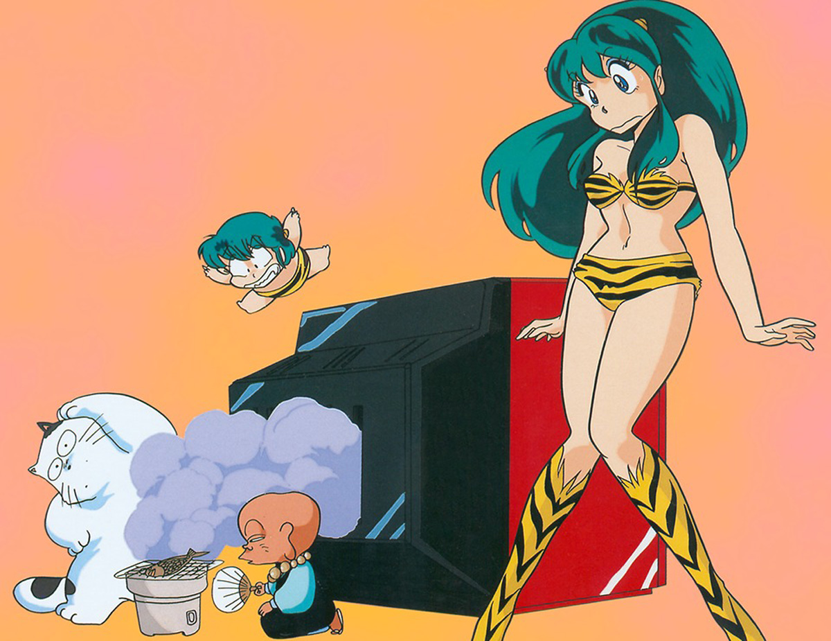 kotatsu-neko, lum, sakuranbou, ten (urusei yatsura), urusei yatsura, tagme, 1girl, 2boys, animal print, bald, bikini, fish, gradient background, green hair, horns, legs, long hair, multiple boys, old, old man, oni, simple background, swimsuit, television, tiger print