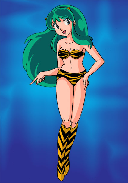 lum, urusei yatsura, tagme, bikini, green hair, horns, long hair, oni, swimsuit