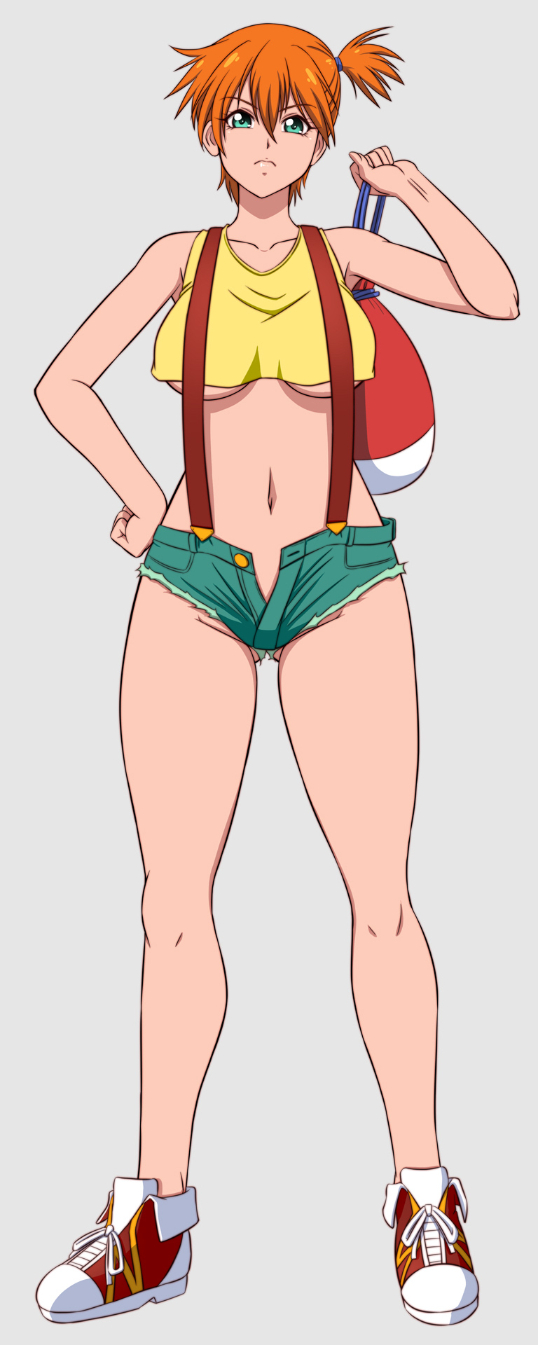 lento (glamour works), misty (pokemon), nintendo, pokemon, pokemon (anime), pokemon (classic anime), highres, 1girl, adapted costume, asymmetrical hair, bare legs, blush, breasts, denim, denim shorts, green eyes, gym leader, large breasts, legs, looking at viewer, navel, orange hair, pants, ponytail, shirt, shoes, short hair, short shorts, shorts, side ponytail, sneakers, solo, standing, suspenders, tank top, thick thighs, thighs, underboob, underwear, unzipped, wide hips, yellow shirt, yellow tank top