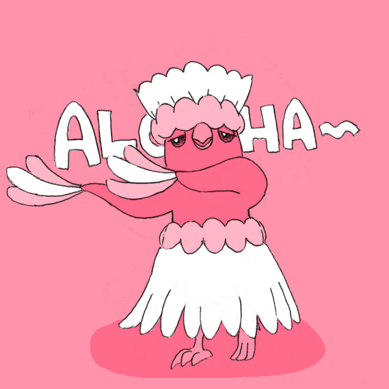 oricorio, oricorio (pa'u), nintendo, pokemon, commentary request, animal focus, bird, full body, gen 7 pokemon, half-closed eyes, horubi non, monochrome, no humans, open mouth, pink background, pink theme, pokemon (creature), pokemon focus, simple background, solo