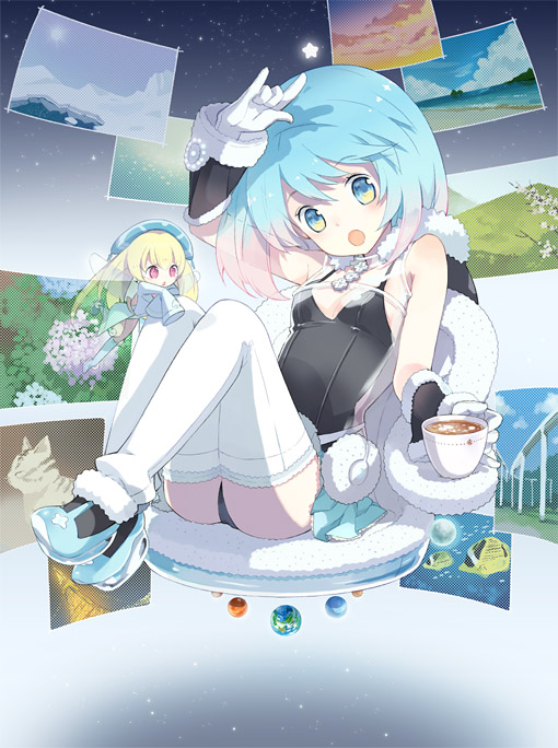 tiv, original, bad id, bad pixiv id, 2girls, blonde hair, cup, gloves, legs, m/, mini person, minigirl, multicolored hair, multiple girls, open mouth, panties, planet, see-through clothes, short hair, space, tea, teacup, thighhighs, underwear