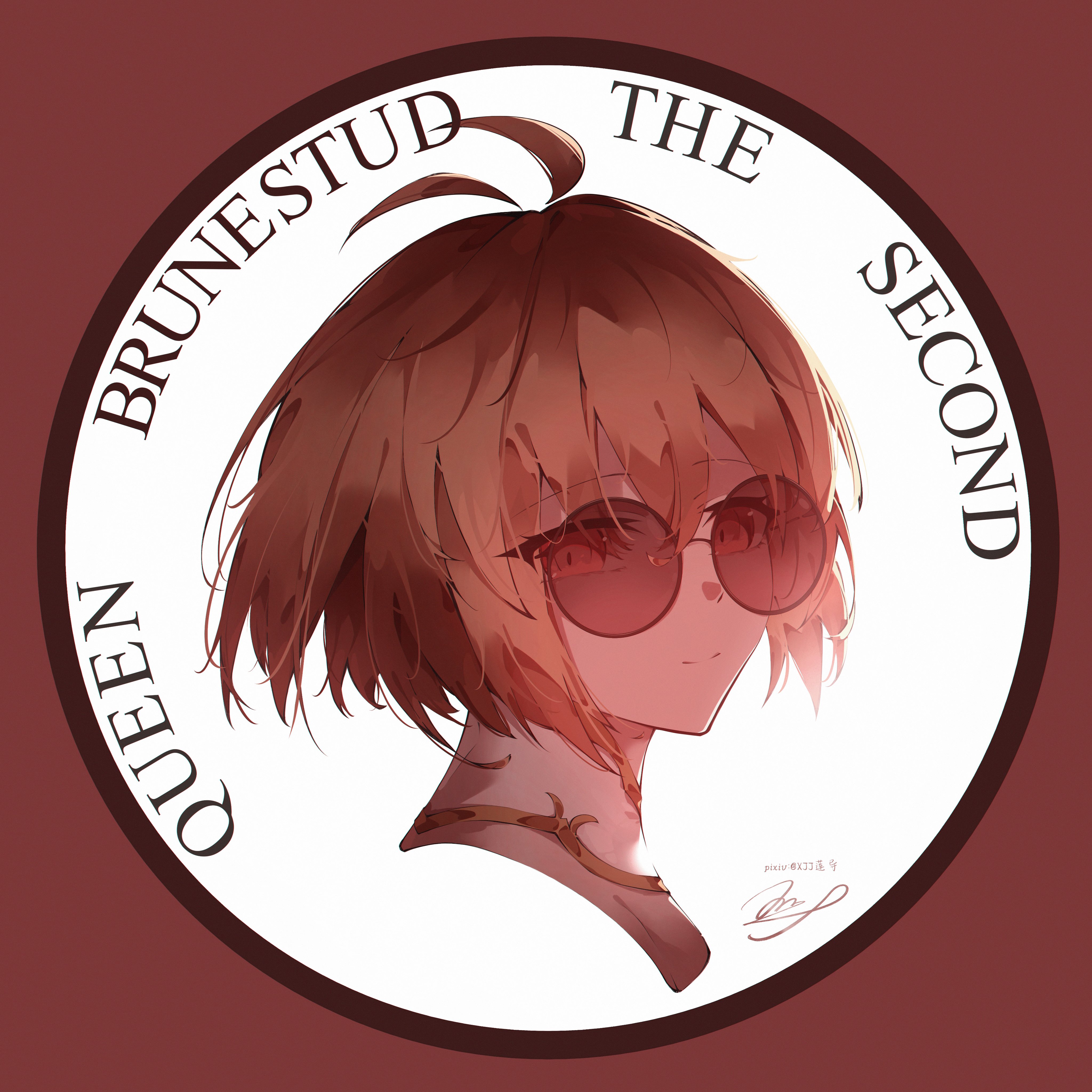 xjjliandao, arcueid brunestud, tsukihime, tsukihime (remake), absurdres, commentary, highres, 1girl, ahoge, blonde hair, english text, hair intakes, light smile, looking at viewer, profile, red eyes, short hair, smile, solo, solo focus, sunglasses
