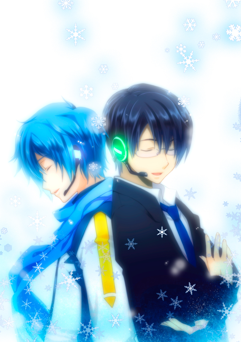 utility pole (artist), hiyama kiyoteru, kaito (vocaloid), vocaloid, bad id, bad pixiv id, 2boys, back-to-back, black hair, blue eyes, blue hair, blue scarf, closed eyes, formal clothes, glasses, headset, male focus, multiple boys, necktie, scarf, smile, snow, snowflakes, suit