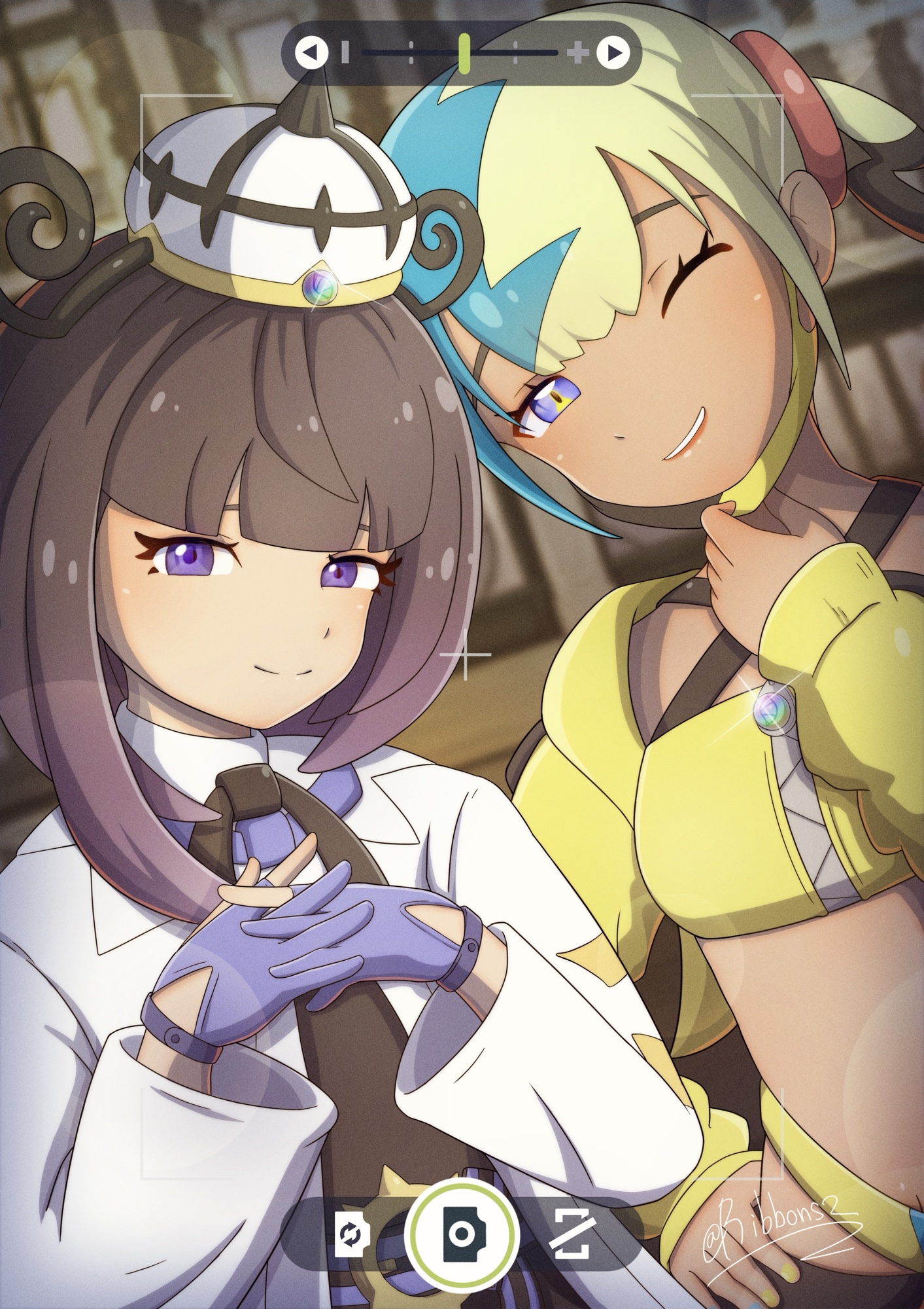 canari (pokemon), gwynn (pokemon), nintendo, pokemon, pokemon legends: z-a, commentary request, highres, 2girls, artist name, bandeau, belt, belt buckle, black dress, black hair, blonde hair, blue hair, blue nails, blunt bangs, blurry, blurry background, bob cut, buckle, closed mouth, coat, cropped jacket, dark-skinned female, dark skin, dress, eyelashes, fake phone screenshot, fake screenshot, gloves, gradient hair, hand on own hip, hat, interlocked fingers, jacket, long sleeves, looking at viewer, mask, mask pull, mega stone, mouth mask, multicolored hair, multicolored nails, multiple girls, o-ring, o-ring belt, open clothes, open coat, open jacket, own hands together, partially fingerless gloves, purple gloves, purple hair, ribbons2, short hair, signature, smile, twitter username, two-tone nails, upper body, viewfinder, white coat, yellow bandeau, yellow jacket, yellow nails