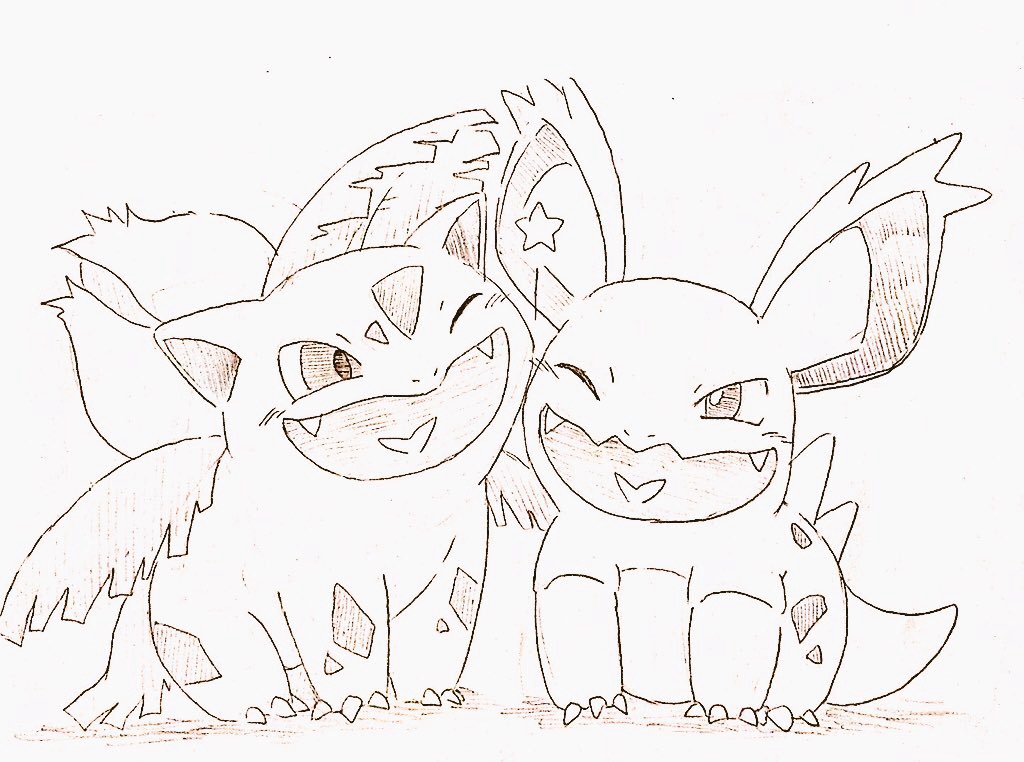 ivysaur, nidorina, nintendo, pokemon, commentary request, traditional media, animal focus, bud, cheek-to-cheek, fangs, full body, gen 1 pokemon, greyscale, heads together, horubi non, leaf, monochrome, no humans, nostrils, one eye closed, open mouth, pokemon (creature), pokemon focus, simple background, smile, spines, star (symbol), white background