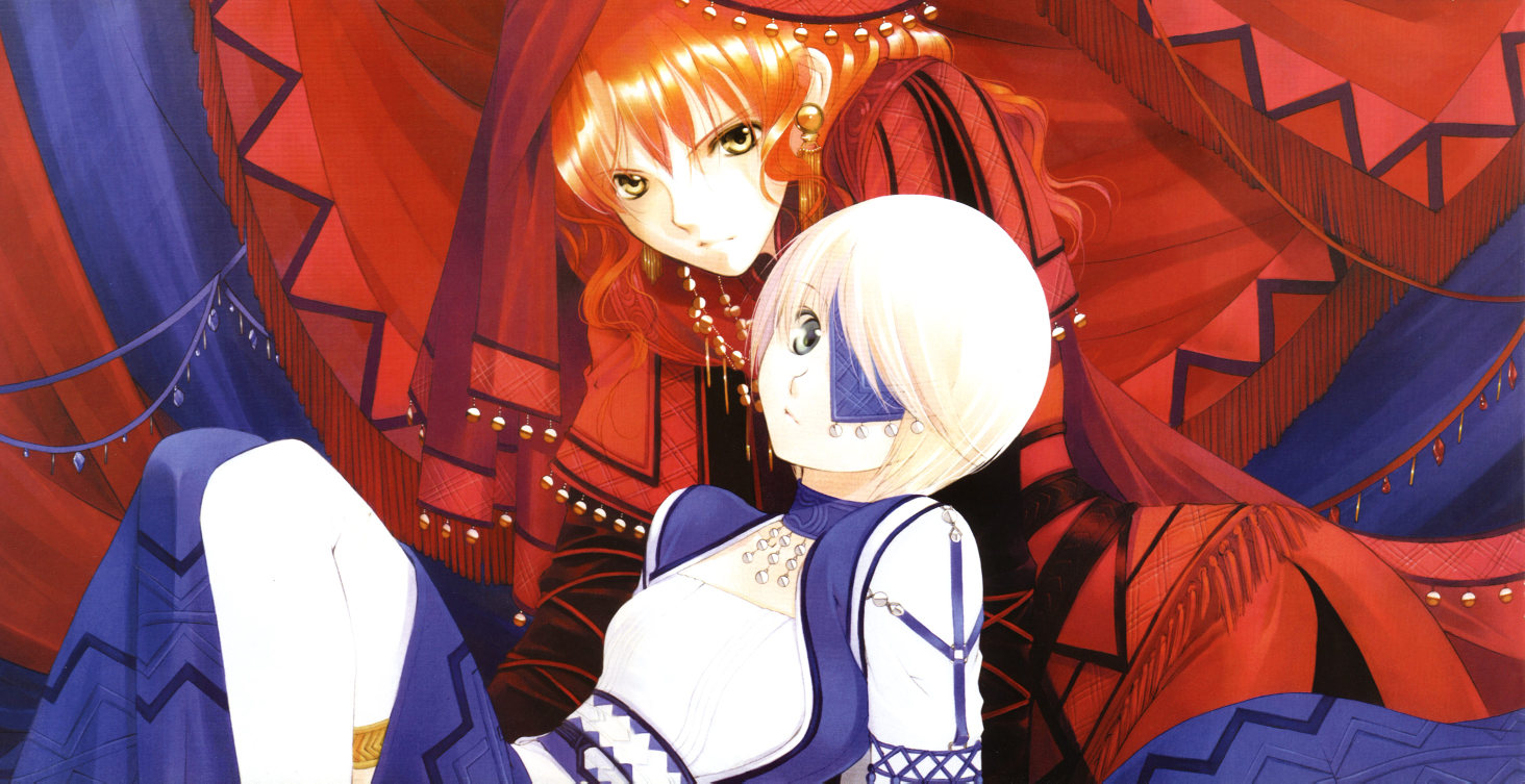 shiina yuu, angel howling, 2girls, blonde hair, choker, dress, earrings, eyepatch, flat chest, grey eyes, jewelry, long hair, multiple girls, red hair, short hair, yellow eyes