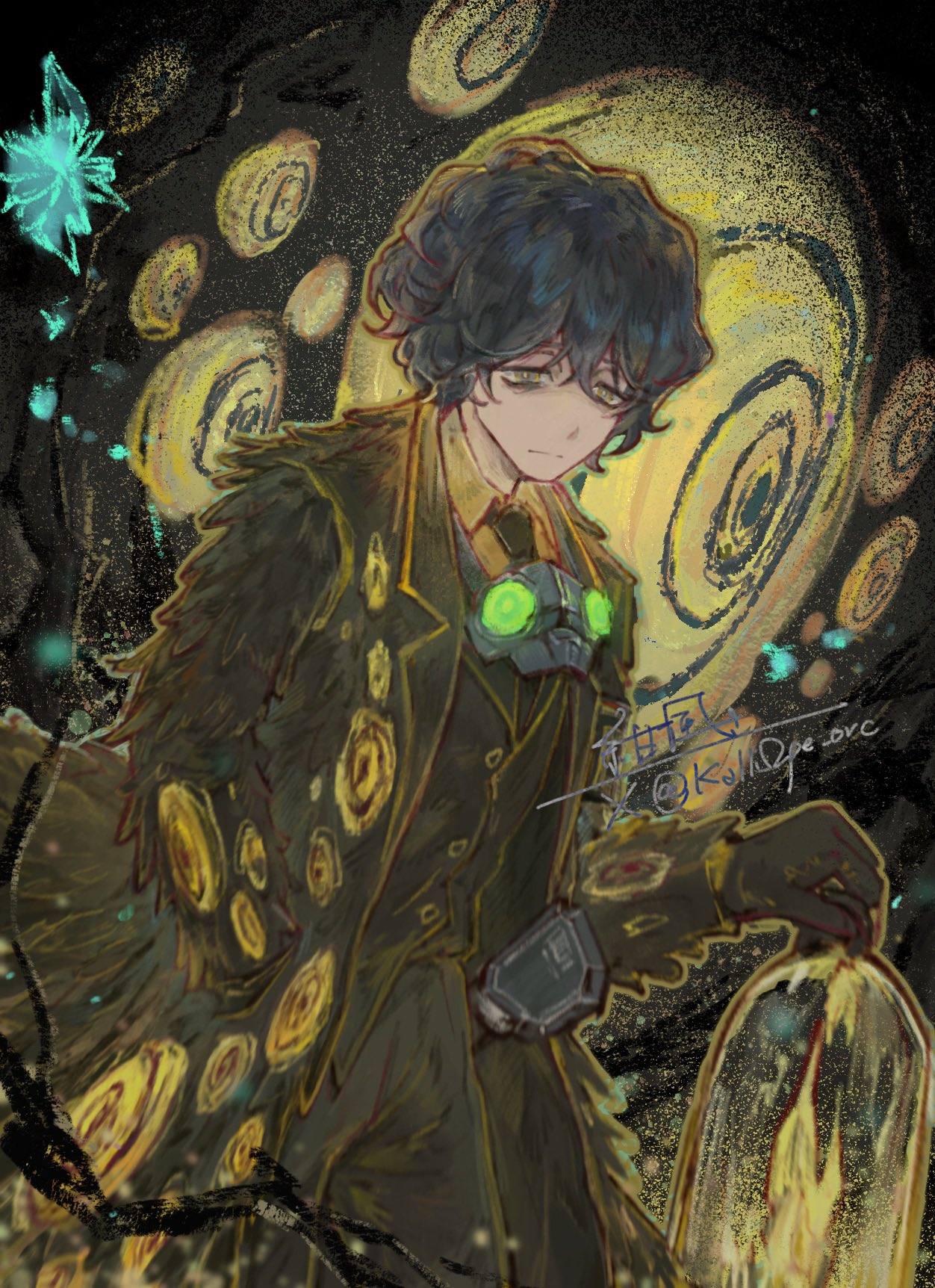 kalliope orc, big bird (project moon), faelantern (project moon), hohenheim (project moon), limbus company, project moon, commentary, highres, symbol-only commentary, 1boy, black coat, black gloves, black necktie, black pants, black vest, blue hair, closed mouth, coat, collared shirt, cowboy shot, e.g.o (project moon), eye print, gloves, goggles, goggles around neck, hand in pocket, holding, holding lantern, lamp (e.g.o), lantern, long sleeves, male focus, necktie, pants, shirt, short hair, signature, solo, vest, yellow eyes, yellow shirt