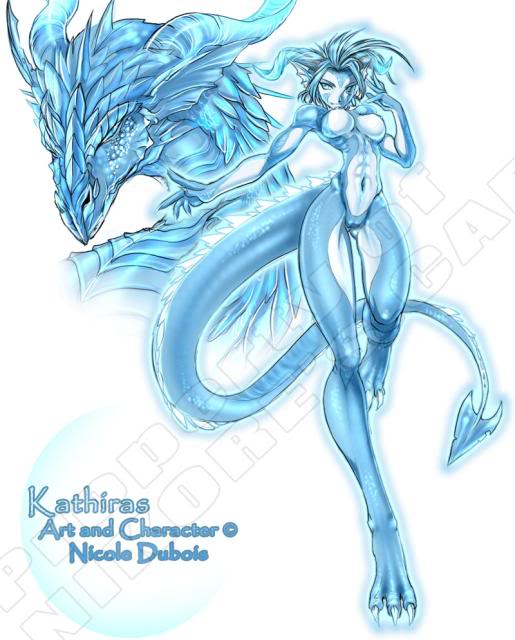 blue eyes, blue hair, blue skin, breasts, claws, cleavage, colored skin, dragon, dragon girl, fins, horns, kathiras, muscular, personification, scales, short hair, tail, white skin