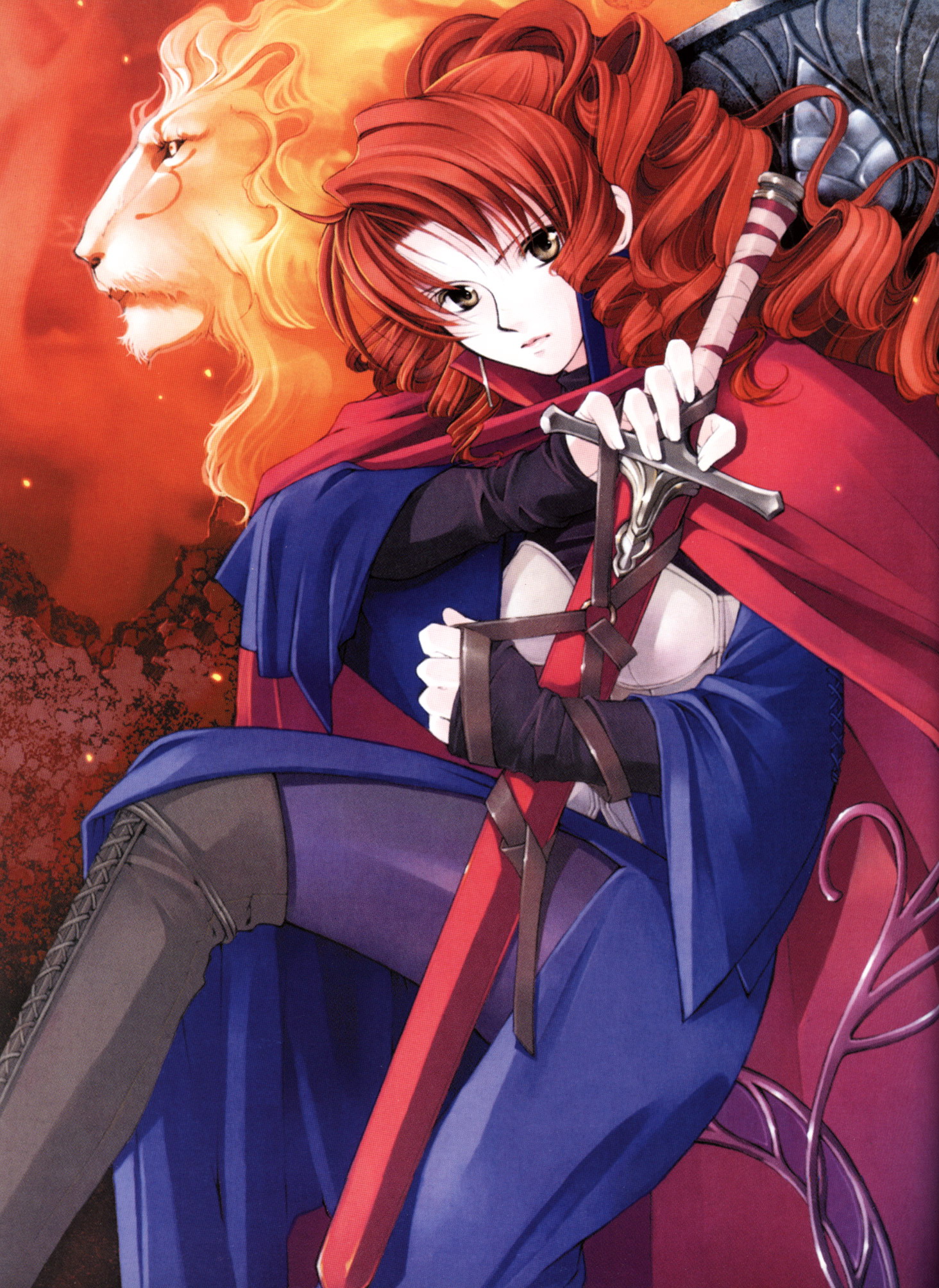 shiina yuu, angel howling, highres, 1girl, boots, drill hair, female focus, long hair, red hair, scabbard, sheath, solo, sword, thigh boots, thighhighs, weapon, yellow eyes