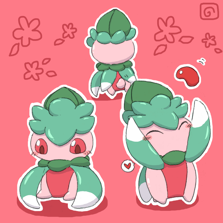 fomantis, nintendo, pokemon, commentary request, arms up, blush, blush stickers, closed eyes, from behind, full body, gen 7 pokemon, horubi non, motion lines, no humans, no mouth, outline, pink background, poke bean, pokemon (creature), pokemon focus, red eyes, simple background, sitting, white outline