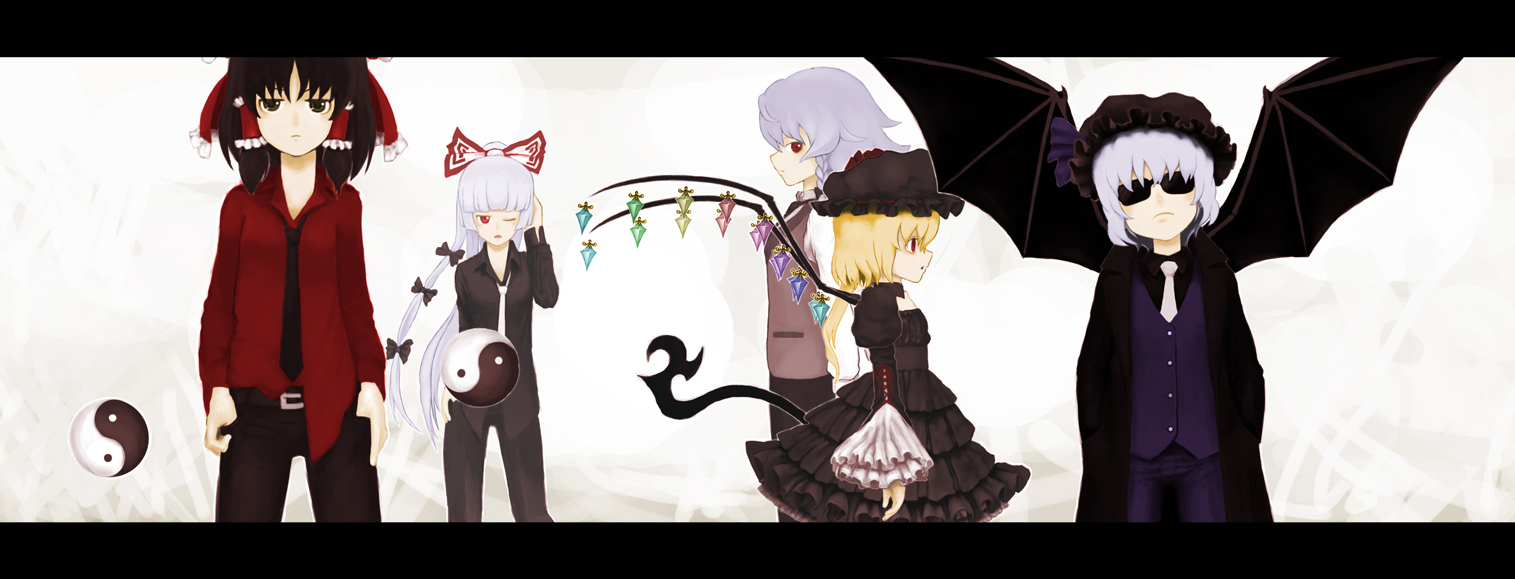 rsk (tbhono), flandre scarlet, fujiwara no mokou, hakurei reimu, izayoi sakuya, remilia scarlet, touhou, bad id, bad pixiv id, 5girls, alternate costume, contemporary, female focus, gothic lolita, hair ribbon, hat, hat ribbon, lolita fashion, multiple girls, necktie, red eyes, ribbon, wings, yin yang