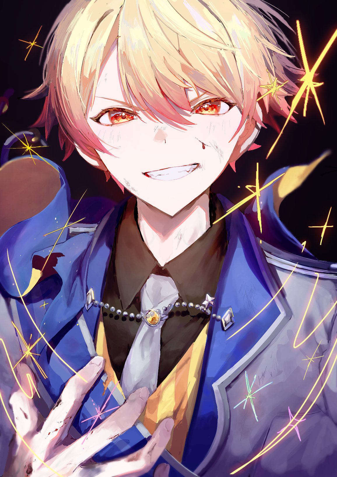 tenma tsukasa, project sekai, highres, 1boy, aaaao o772, black background, blonde hair, blood, clenched teeth, collared shirt, gradient hair, grey necktie, hair between eyes, hand on own chest, injury, looking at viewer, male focus, multicolored hair, necktie, orange eyes, orange hair, shirt, short hair, smile, solo, teeth, two-tone hair, upper body