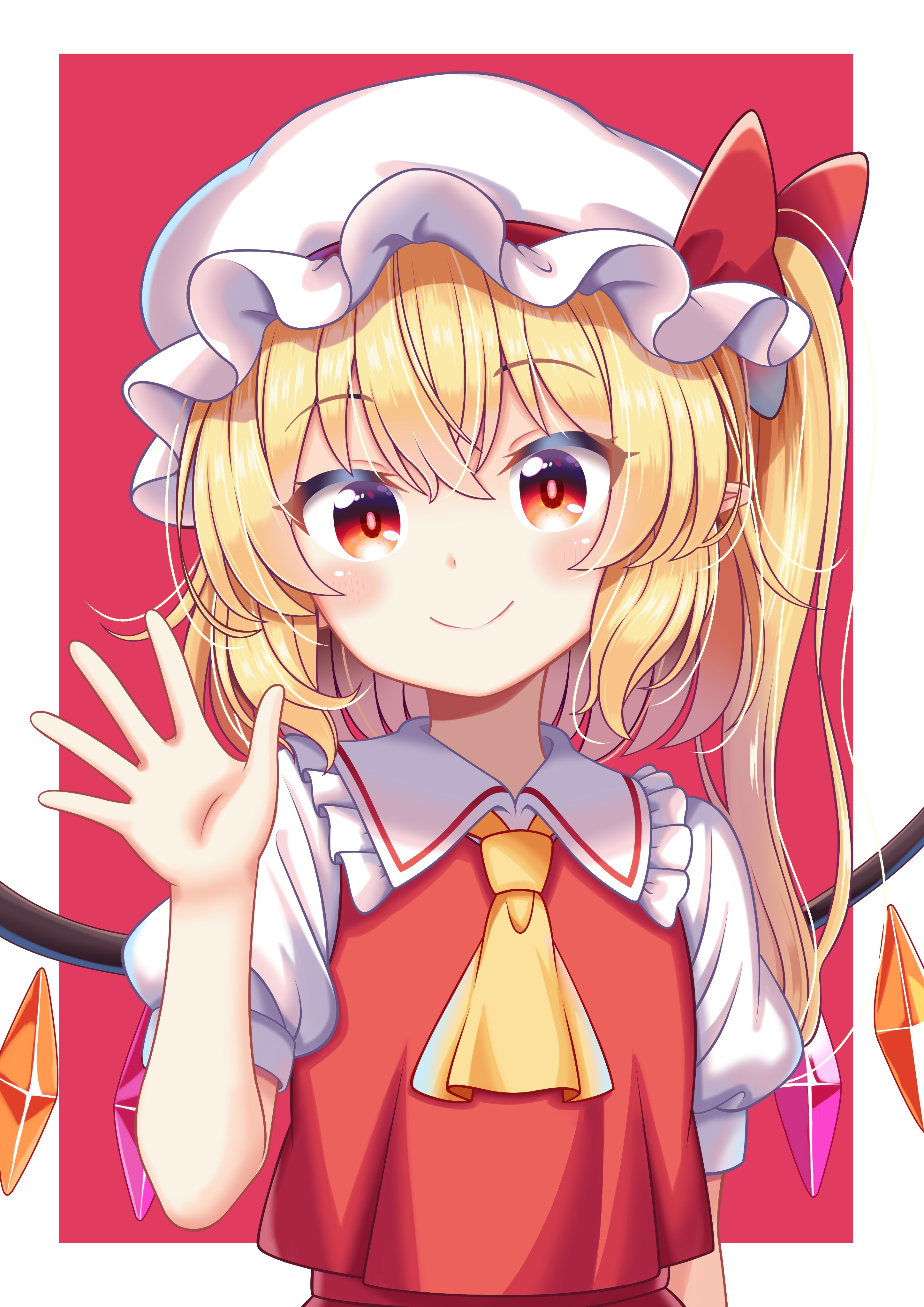 reimei (r758120518), flandre scarlet, touhou, absurdres, commentary request, highres, 1girl, ascot, blonde hair, blush, closed mouth, collared shirt, crystal, crystal wings, frilled shirt collar, frills, hat, long hair, looking at viewer, mob cap, multicolored wings, one side up, pointy ears, puffy short sleeves, puffy sleeves, red eyes, red vest, shirt, short sleeves, smile, solo, upper body, vest, white hat, white shirt, wings, yellow ascot