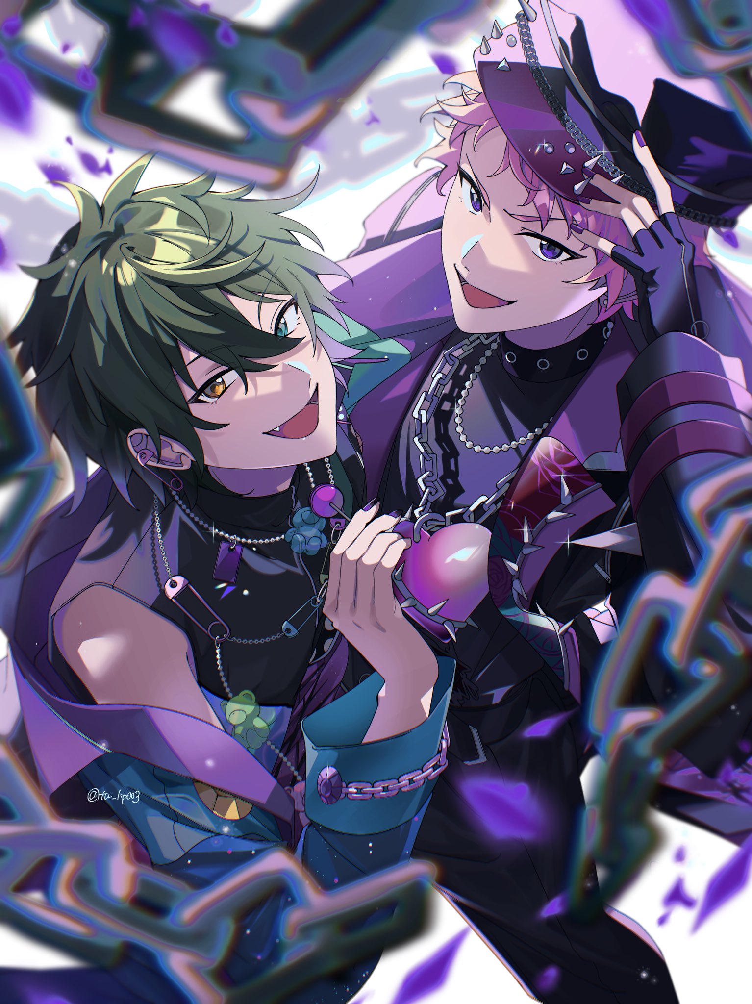 itsuki shu, kagehira mika, ensemble stars!, commentary, hashtag-only commentary, highres, protected link, 2boys, adjusting clothes, adjusting headwear, arm up, bead necklace, beads, black gloves, blue eyes, chain, chain necklace, fang, feature scout 2 (ensemble stars!), fingerless gloves, fingernails, gloves, green hair, hair between eyes, heterochromia, jewelry, long sleeves, looking at viewer, male focus, multiple boys, multiple necklaces, nail polish, necklace, official alternate costume, open mouth, pink hair, purple eyes, purple nails, safety pin, short hair, smile, spikes, tu (tu lip003), twitter username, valkyrie (ensemble stars!), vanquish (ensemble stars!), yellow eyes