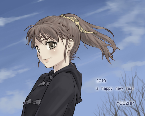 you2, original, 1girl, brown eyes, brown hair, coat, day, female focus, light smile, peacoat, ponytail, sky, solo, toggles, winter