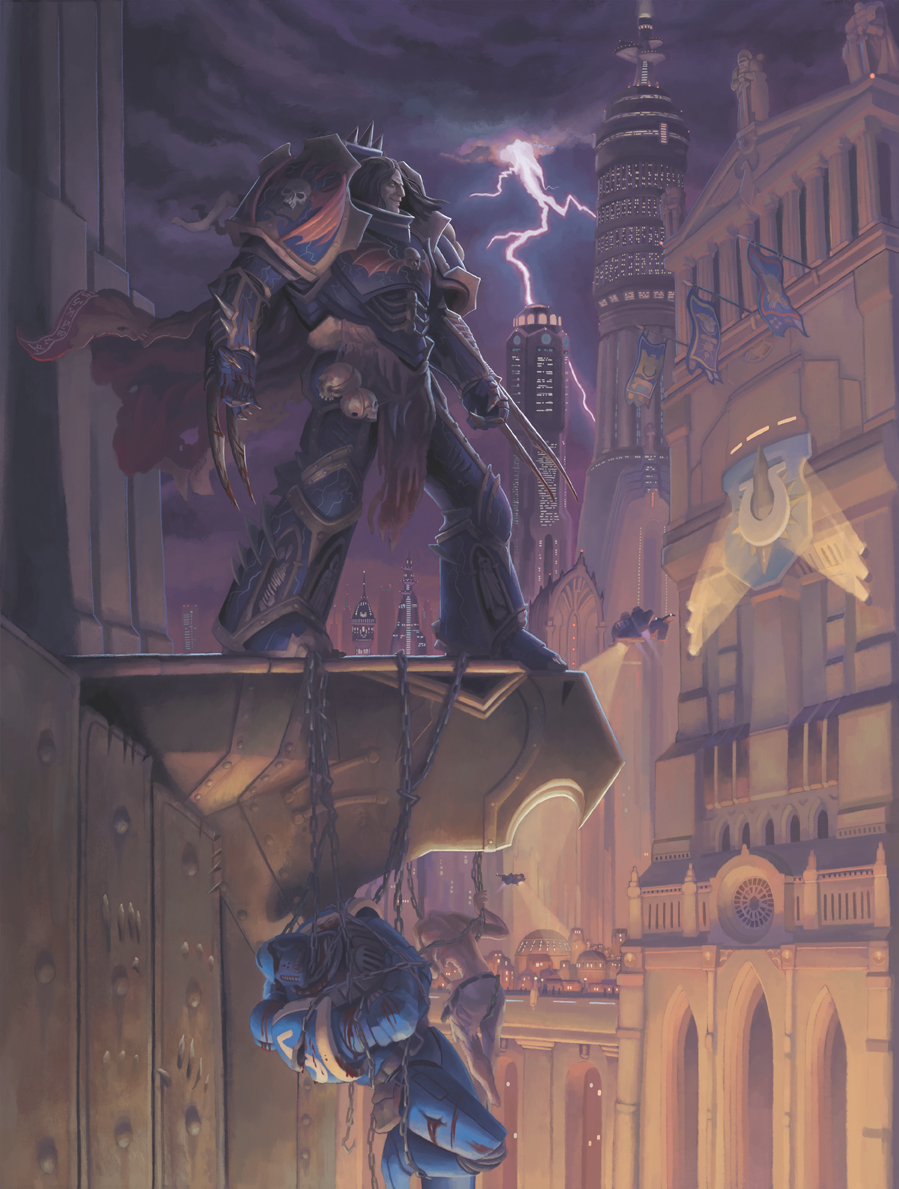 jeff porter, adeptus astartes, konrad curze, ultramarines, warhammer 40k, commentary, english commentary, 1boy, aircraft, architecture, armor, black hair, blue armor, breastplate, building, cape, chain, city, city lights, cityscape, claw mark, cloud, cloudy sky, corpse, evil smile, flag, full armor, gauntlets, gold trim, greaves, greco-roman architecture, hanging, lightning, long hair, omega symbol, pauldrons, pillar, power armor, primarch, red cape, science fiction, shoulder armor, skull, skull ornament, sky, skylight, skyline, skyscraper, smile, statue, storm, storm cloud, tower, weapon, wrist blades