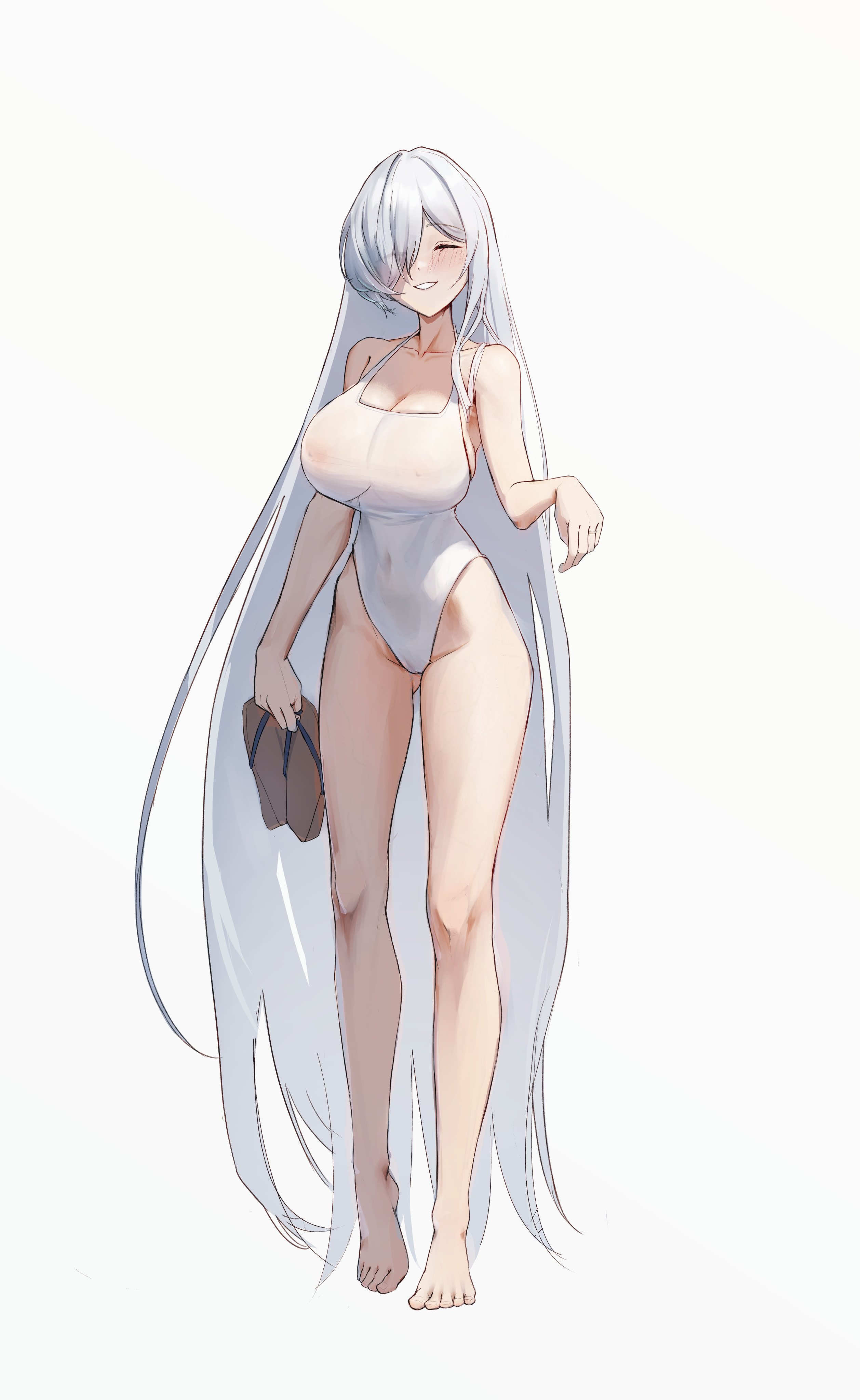 kaba (hama), cinderella (nikke), goddess of victory: nikke, absurdres, commentary request, highres, 1girl, barefoot, breasts, brown sandals, brown shoes, cleavage, closed eyes, covered navel, full body, hair down, hair over one eye, holding, holding sandals, large breasts, nipples, official alternate hairstyle, sandals, see-through clothes, shoes, simple background, smile, solo, teeth, thighs, white background, white hair