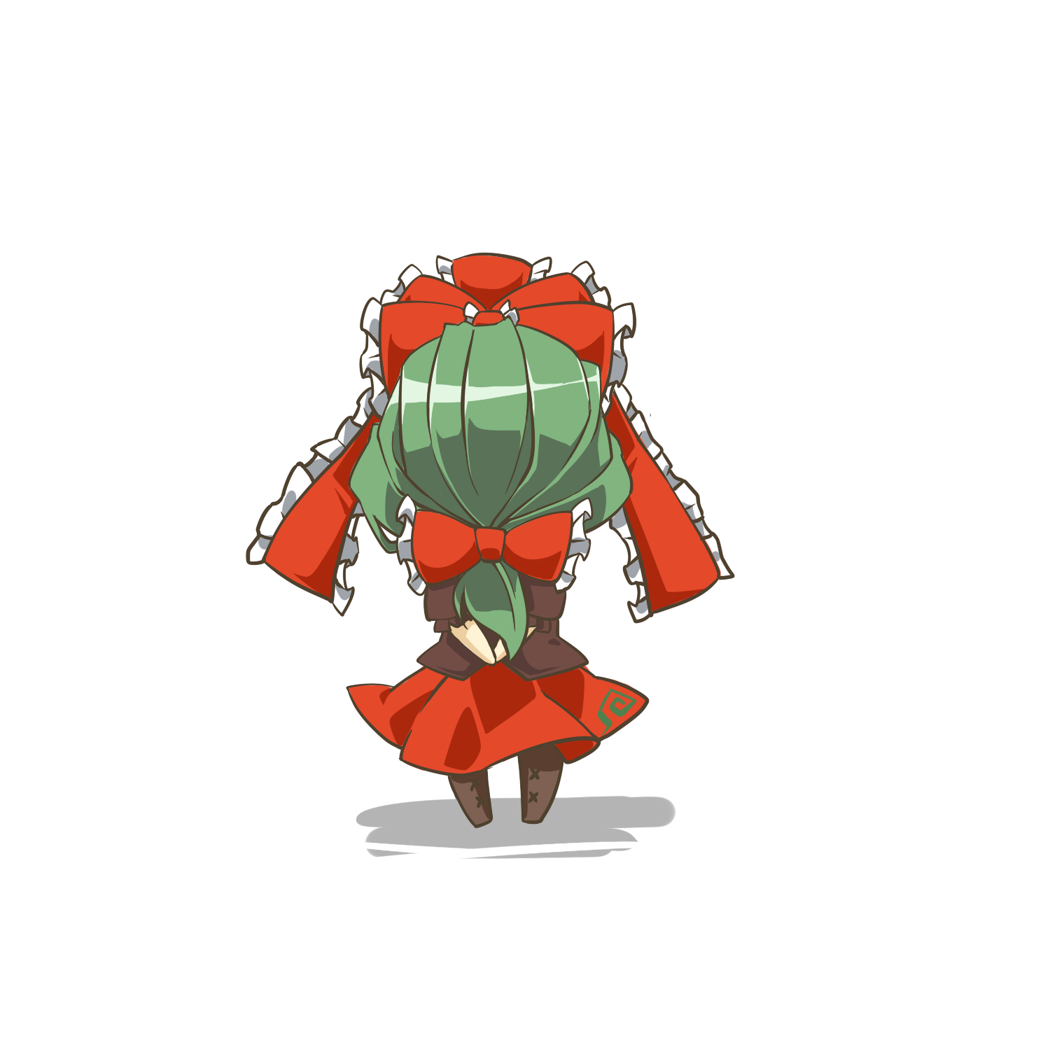 eiri (eirri), kagiyama hina, touhou, bad id, bad pixiv id, highres, 1girl, alternate hairstyle, back, chibi, covering face, covering privates, dress, female focus, front ponytail, full body, green hair, hair over face, hair ribbon, ribbon, solo, standing, white background