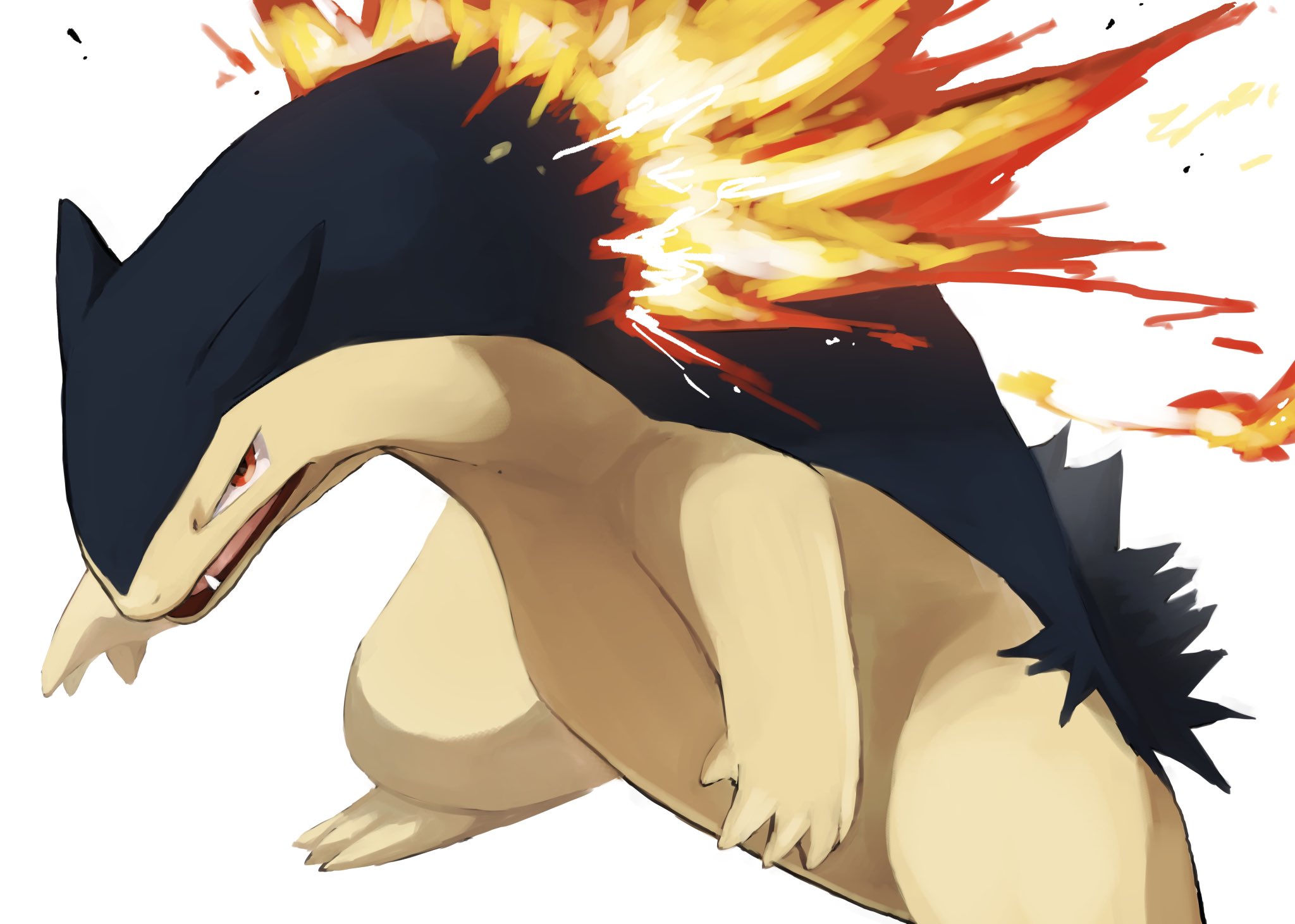 kou11021301, typhlosion, nintendo, pokemon, commentary request, highres, claws, fangs, fire, gen 2 pokemon, looking at viewer, open mouth, pokemon (creature), pokemon focus, red eyes, simple background, solo