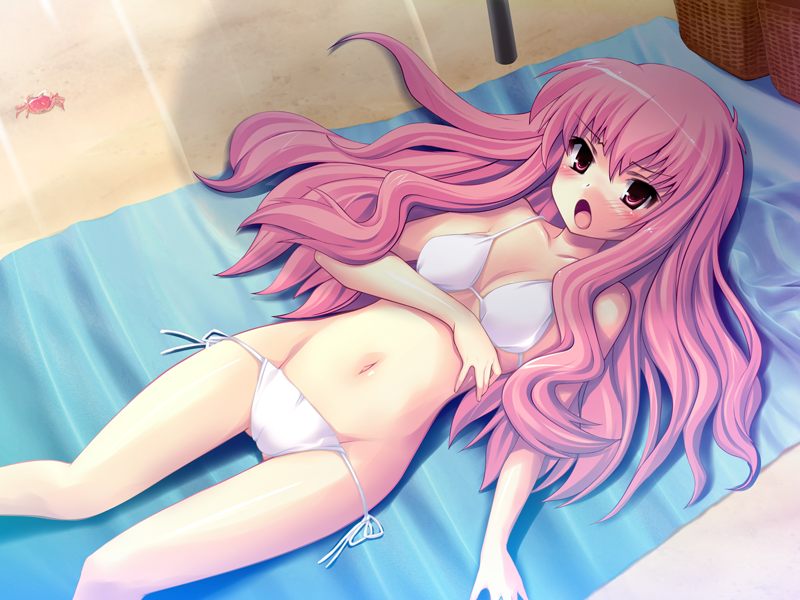 team-tanabe, louise francoise le blanc de la valliere, zero no tsukaima, game cg, 00s, 1girl, beach, bikini, bikini top only, blush, crab, female focus, long hair, lying, navel, open mouth, pink eyes, pink hair, side-tie bikini bottom, solo, swimsuit, towel