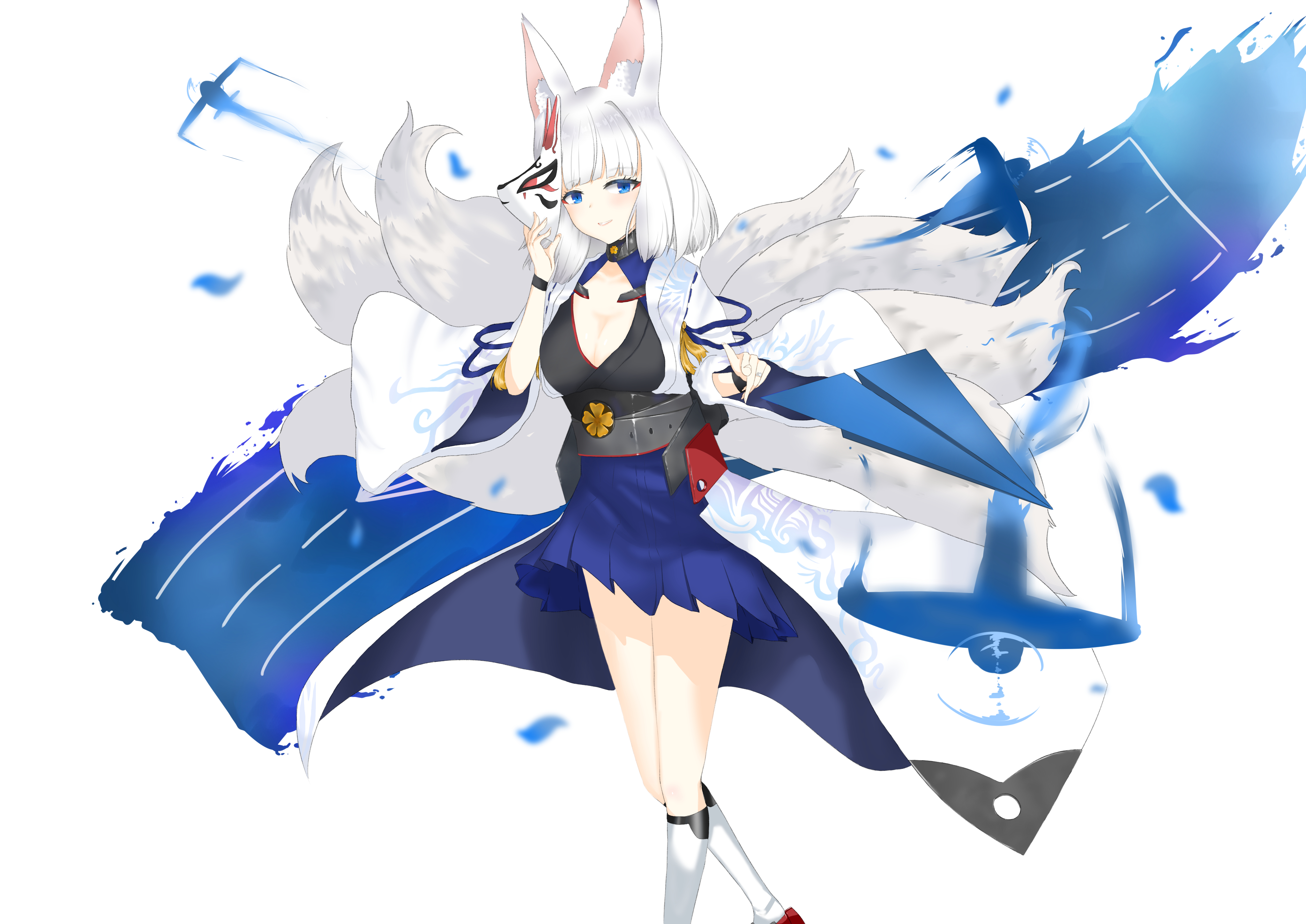 juinm95, kaga (azur lane), azur lane, absurdres, commentary, highres, 1girl, animal ears, blue skirt, breasts, cleavage, eyeliner, flight deck, fox ears, fox girl, fox mask, fox tail, holding, holding mask, japanese clothes, kimono, kitsune, kyuubi, large breasts, looking at viewer, makeup, mask, medium hair, metal belt, miniskirt, multiple tails, pleated skirt, red eyeliner, sakuramon, simple background, skirt, socks, solo, tail, white background, white hair, white kimono, white socks, white tail, wide sleeves