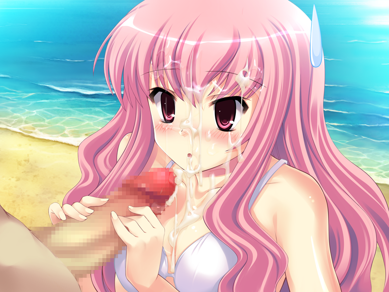 team-tanabe, louise francoise le blanc de la valliere, zero no tsukaima, game cg, 00s, 1boy, 1girl, beach, blush, censored, cum, cum on body, cum on hair, facial, long hair, ocean, penis, pink eyes, pink hair, sweatdrop