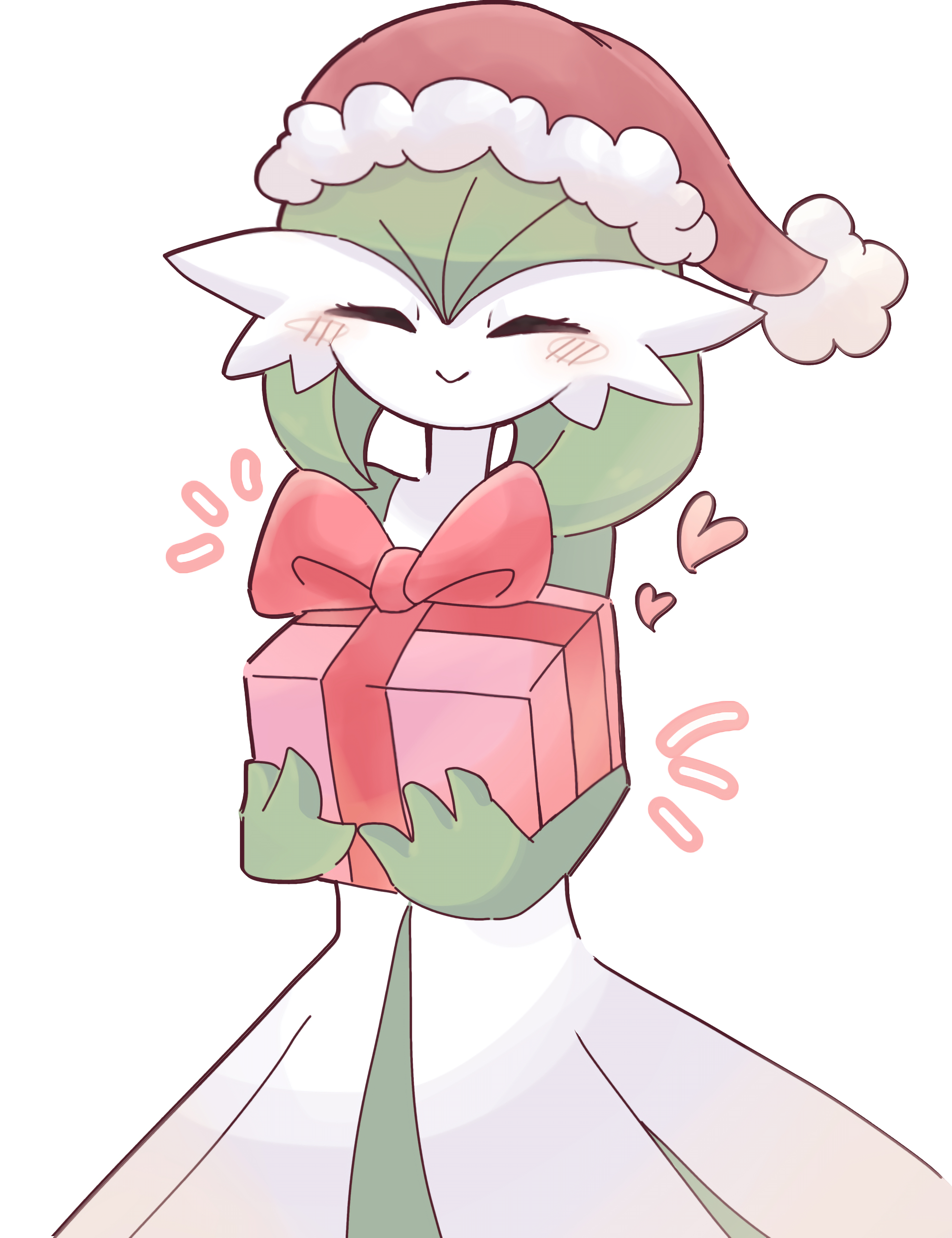 suzu (pixiv 32232702), gardevoir, nintendo, pokemon, 1girl, ^ ^, blush, blush stickers, bob cut, bow, box, closed eyes, closed mouth, clothed pokemon, colored skin, cowboy shot, facing viewer, female focus, fur-trimmed hat, gen 3 pokemon, gift, gift box, green hair, green skin, hands up, happy, hat, heart, holding, holding box, holding gift, multicolored skin, notice lines, pokemon (creature), pom pom (clothes), red bow, santa hat, short hair, simple background, smile, solo, standing, two-tone skin, white background, white skin