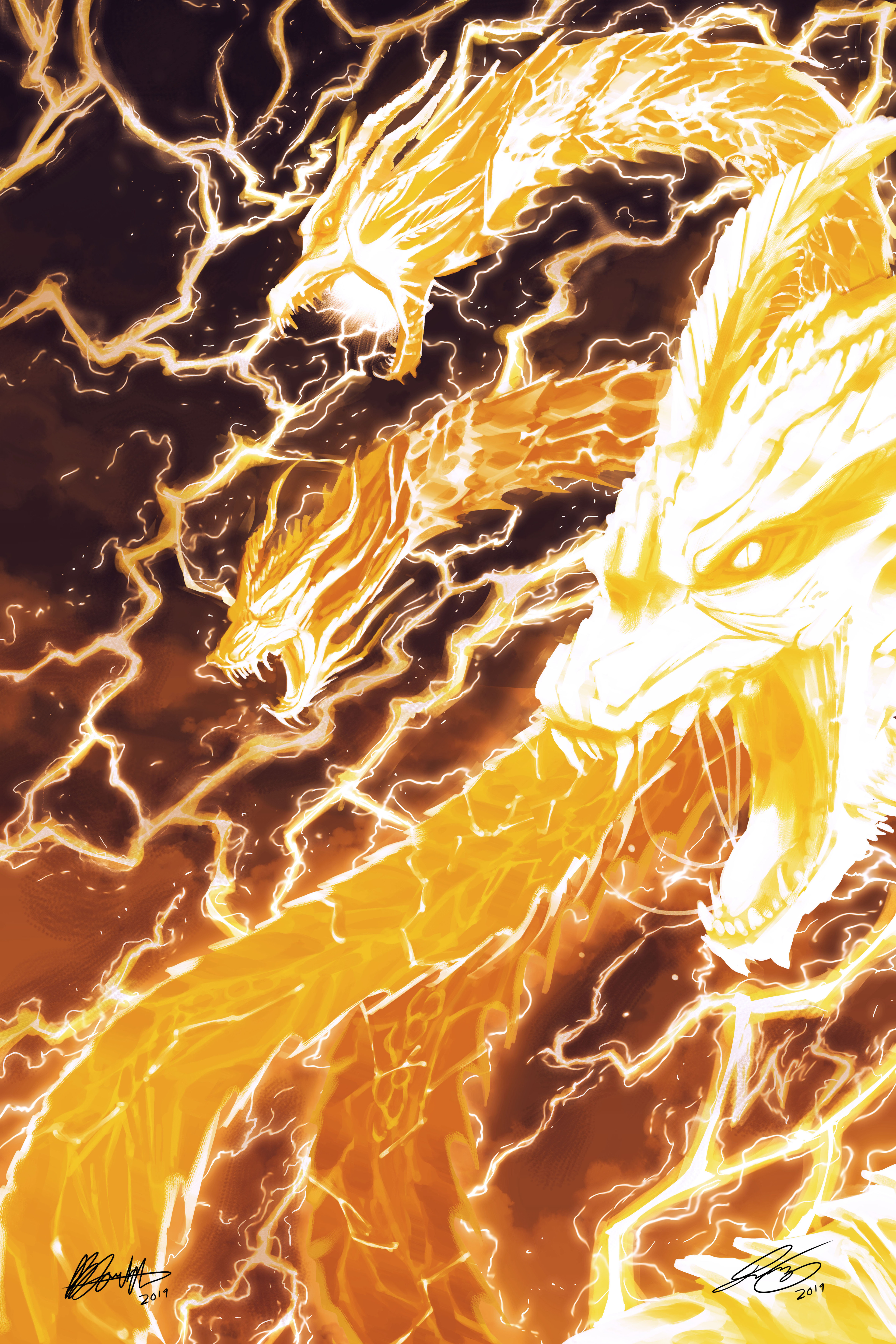 pyrasterran, king ghidorah, godzilla: king of the monsters, godzilla (series), legendary pictures, monsterverse, toho, absurdres, highres, alien, aura, breath weapon, breathing lightning, cloud, cloudy sky, dragon, electricity, elemental (creature), energy, giant, giant monster, glowing, glowing body, glowing eyes, glowing horns, glowing mouth, horns, hydra, kaiju, lightning elemental, monster, multiple heads, night, no humans, open mouth, overcast, sharp teeth, sky, slit pupils, space monster, storm, teeth, yellow eyes