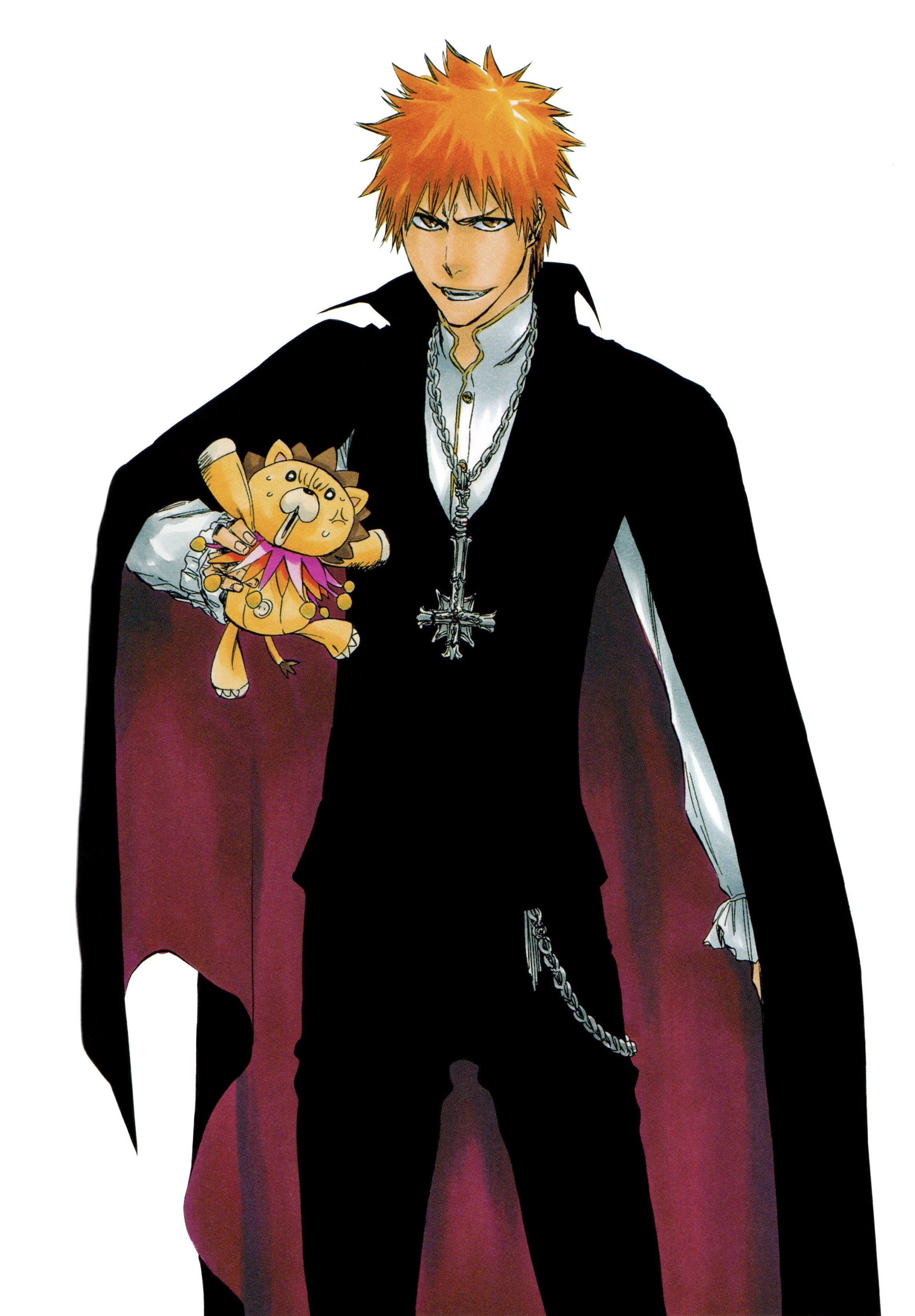 kubo tite, kon (bleach), kurosaki ichigo, bleach, official art, 2boys, brown eyes, cape, chain, chain necklace, holding, holding stuffed toy, jewelry, multiple boys, necklace, orange hair, pants, short hair, simple background, spiked hair, standing, stuffed animal, stuffed lion, stuffed toy, teeth, vampire costume, white background