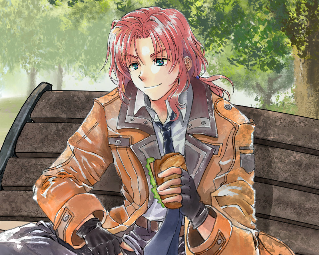 koyagistock, randolph orlando, ao no kiseki, eiyuu densetsu, zero no kiseki, commentary request, 1boy, bench, black gloves, black necktie, blue eyes, coat, curtained hair, fingerless gloves, food, gloves, hair between eyes, holding, holding food, holding sandwich, long sleeves, male focus, necktie, outdoors, park bench, parted bangs, ponytail, red hair, sandwich, sidelocks, sitting, smile, solo, tree, upper body