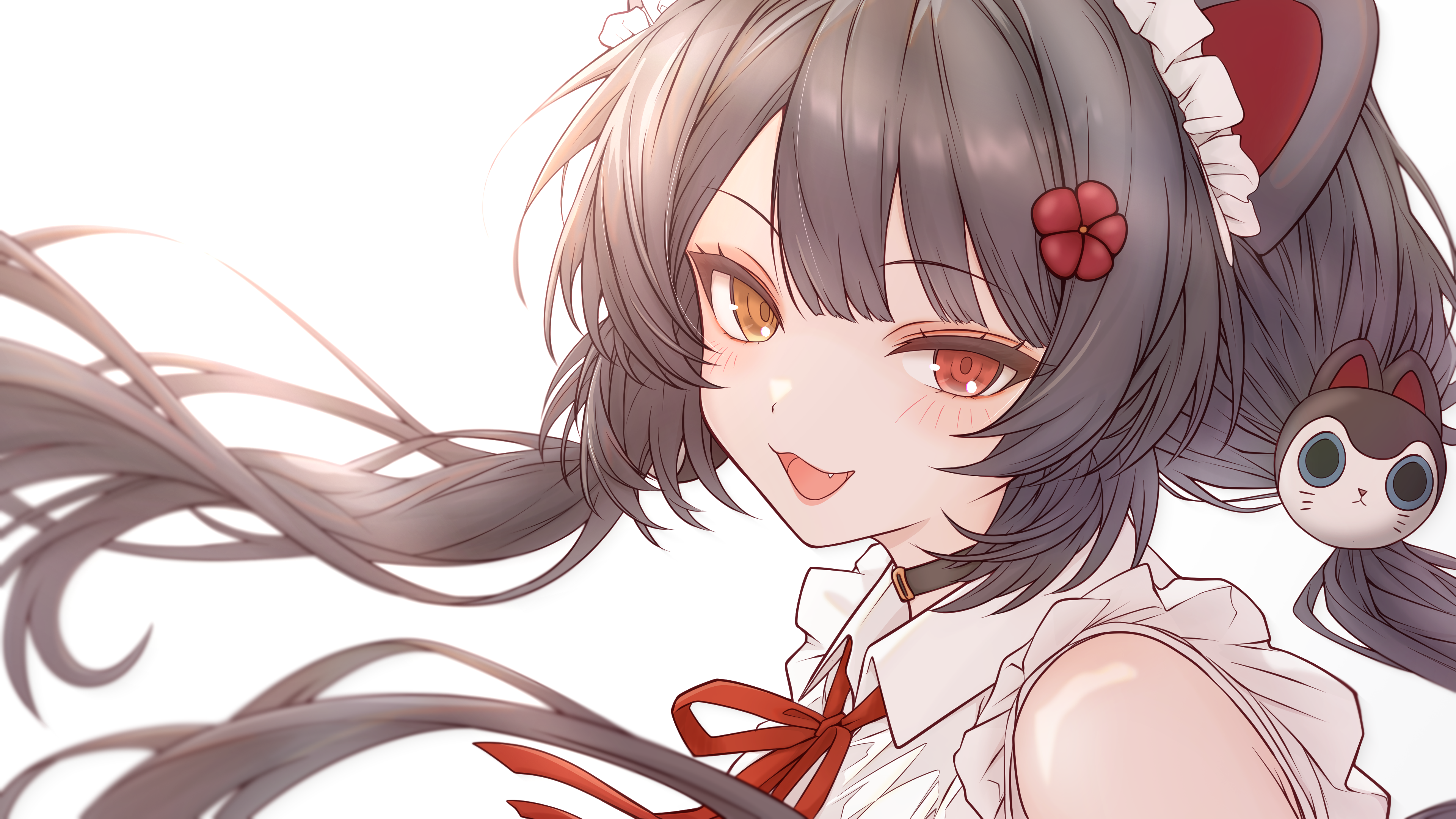 mikan mizu, inui toko, nijisanji, absurdres, ai-assisted, commentary request, highres, 1girl, :3, :d, alternate costume, animal ears, animal hair ornament, bare shoulders, blush, brown collar, brown hair, collar, collared shirt, dog ears, dog girl, eyelashes, eyeshadow, fang, floating hair, flower, from side, hair flower, hair ornament, heterochromia, lipstick, long hair, looking at viewer, low twintails, maid headdress, makeup, neck ribbon, open mouth, pink eyeshadow, pink lips, portrait, red eyes, red ribbon, ribbon, shirt, simple background, sleeveless, sleeveless shirt, smile, solo, twintails, virtual youtuber, white background, white headdress, white shirt, yellow eyes