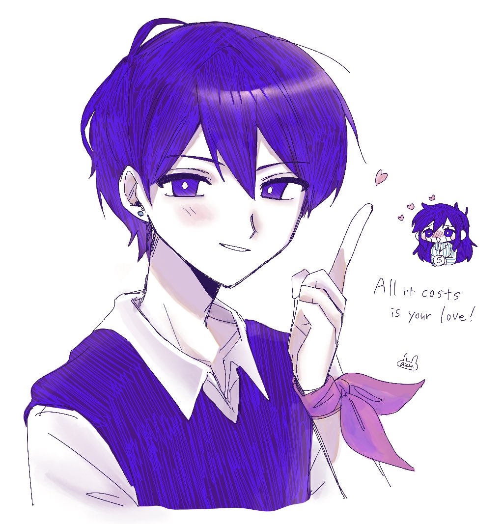azu (soramm cake), hero (headspace) (omori), hero (omori), mari (headspace) (omori), mari (omori), omori, commentary request, 1boy, 1girl, :d, ahoge, artist name, bare arms, blush, bright pupils, collarbone, collared shirt, colored skin, cropped torso, double-parted bangs, english text, genderswap, genderswap (ftm), genderswap (mtf), grin, hair behind ear, hair between eyes, half-closed eyes, hand up, hatching (texture), heart, hetero, index finger raised, long hair, male focus, neckerchief, nose blush, open mouth, pink neckerchief, purple eyes, purple hair, purple sweater vest, shirt, short hair, simple background, smile, solo focus, sweater vest, very long hair, very short hair, white background, white pupils, white shirt, white skin