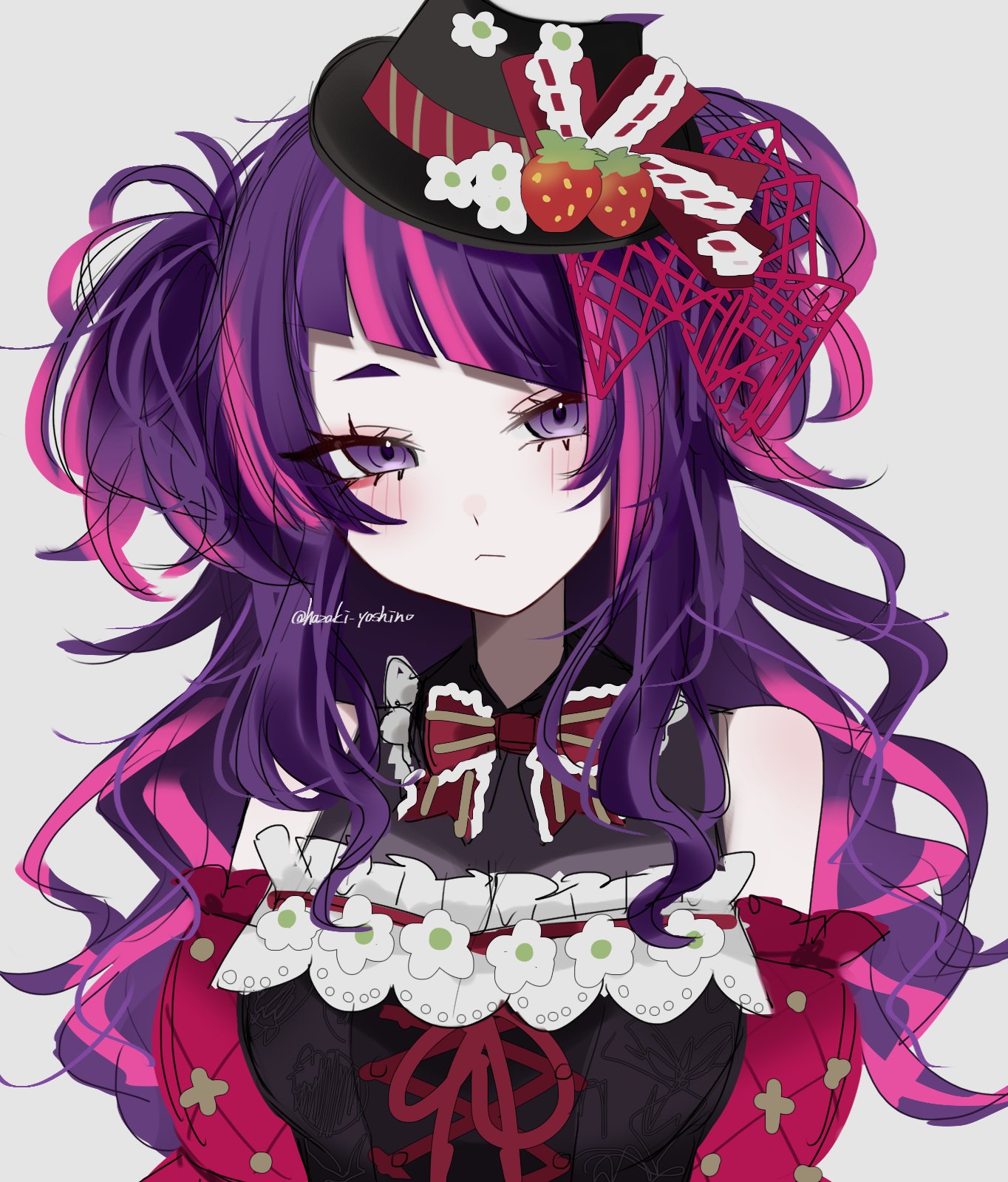 hazaki yoshino, tanaka mamimi, idolmaster, idolmaster shiny colors, commentary, highres, 1girl, :<, aegyo sal, arms at sides, bare shoulders, black hat, black shirt, bow, bowtie, closed mouth, collared shirt, cross-laced clothes, cross-laced top, detached sleeves, diagonal bangs, eyes visible through hair, flower, frilled shirt, frilled sleeves, frills, grey background, half-closed eyes, hat, hat bow, hat flower, hat tip, head tilt, multicolored hair, pink hair, puffy short sleeves, puffy sleeves, purple eyes, purple hair, red bow, red bowtie, red ribbon, red sleeves, ribbon, shirt, short sleeves, sidelocks, simple background, sleeveless, sleeveless shirt, solo, straight-on, strawberry hat ornament, streaked hair, striped bow, striped bowtie, striped clothes, tsurime, twitter username, two-tone hair, two side up, upper body, wavy hair, white flower