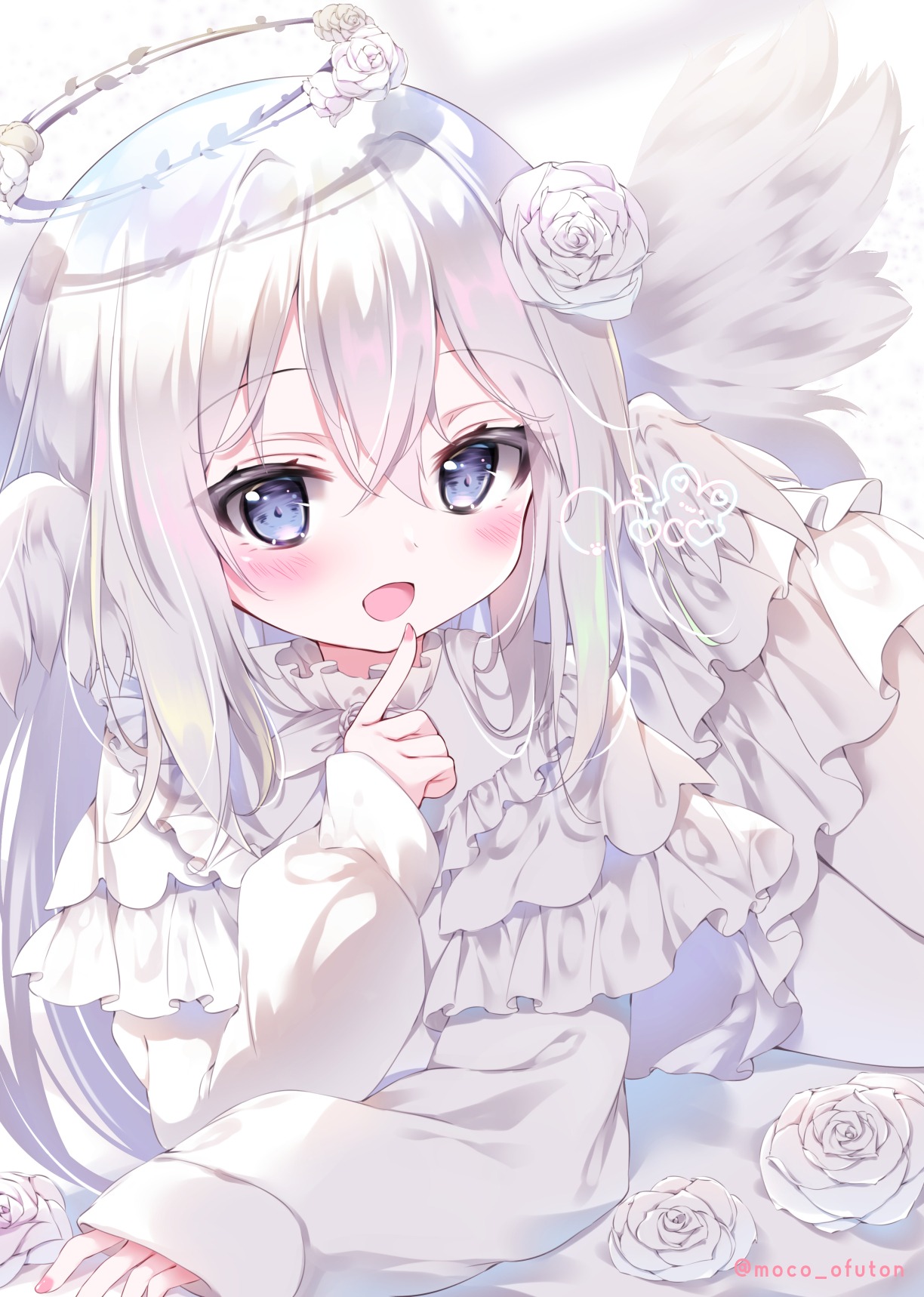 moco ofuton, original, commentary request, commission, highres, skeb commission, 1girl, angel, artist name, blue eyes, blush, cowboy shot, dress, feathered wings, flower, frilled dress, frills, hair flower, hair ornament, halo, layered dress, long sleeves, looking at viewer, lying, on side, open mouth, pantyhose, rose, sidelocks, simple background, sleeves past wrists, smile, twitter username, white background, white dress, white flower, white hair, white pantyhose, white rose, white theme, white wings, wings