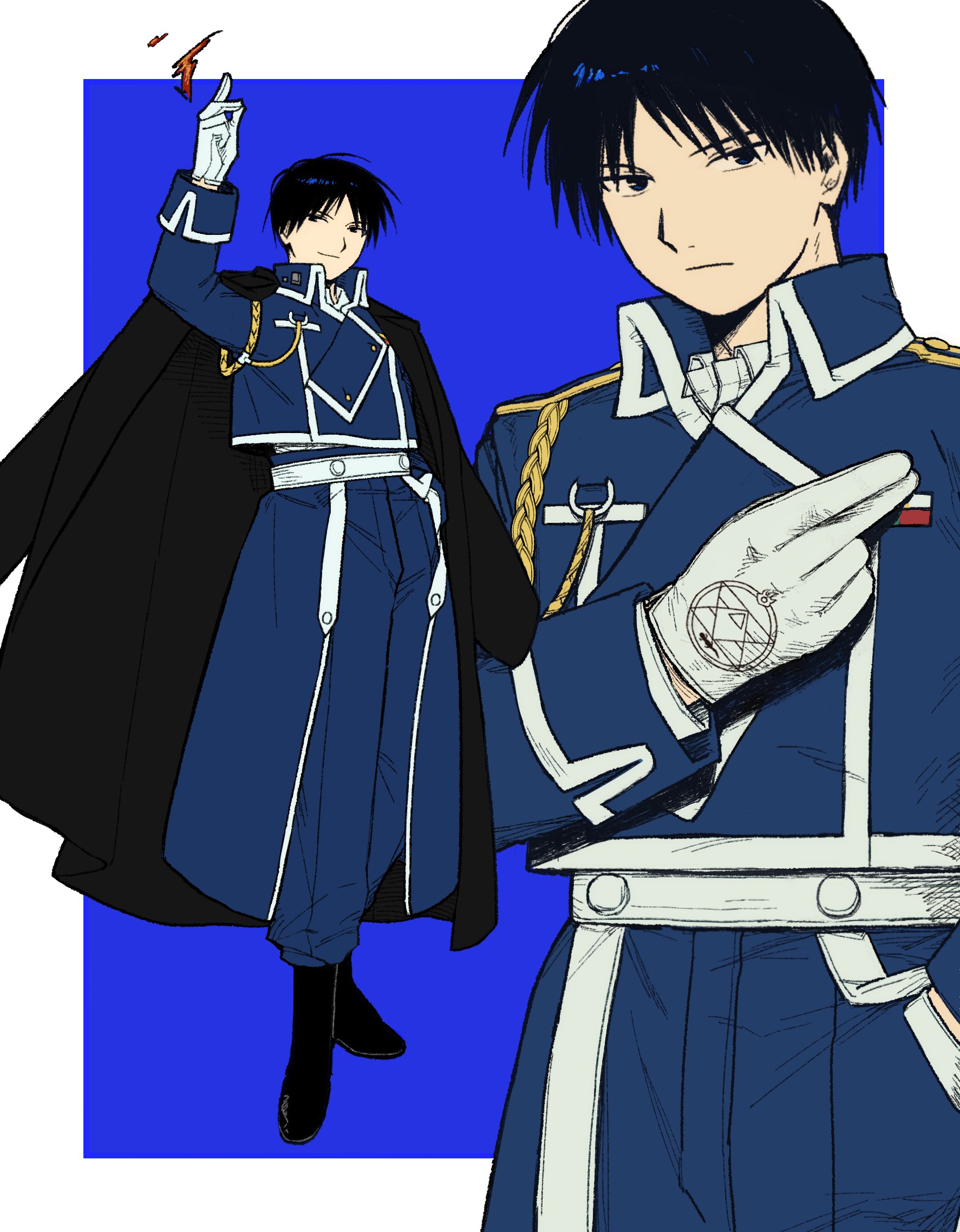 roy mustang, fullmetal alchemist, highres, 1boy, black boots, black coat, black eyes, black hair, blue background, blue jacket, blue pants, boots, border, closed mouth, coat, coat on shoulders, collared shirt, cowboy shot, full body, gloves, jacket, light smile, long coat, ls182 520, male focus, military jacket, military uniform, multiple views, pants, shirt, short hair, snapping fingers, solo, white border, white gloves, white shirt, white streaks